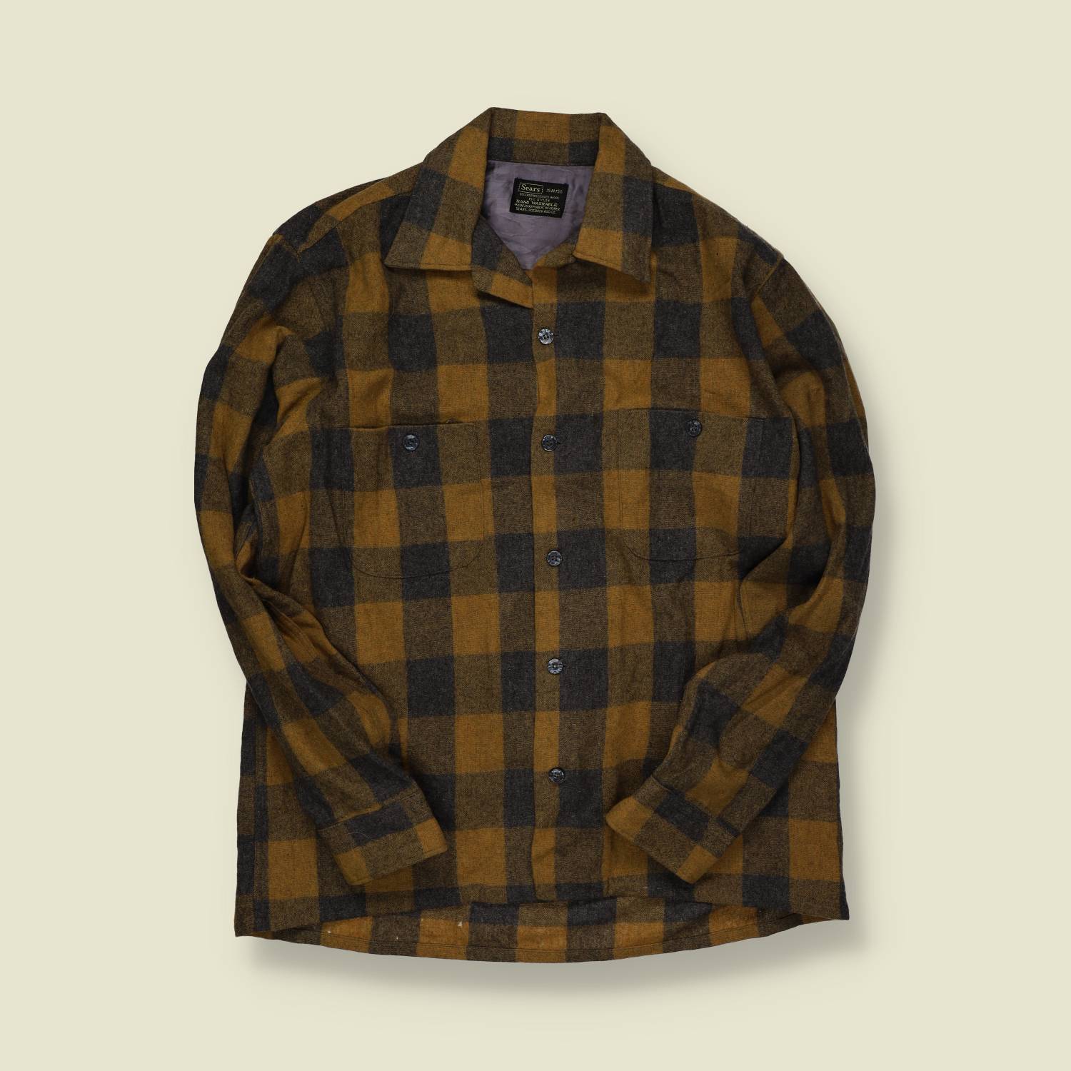 1960s | Sears | Wool Plaid Shirt – Brown / Mustard - M