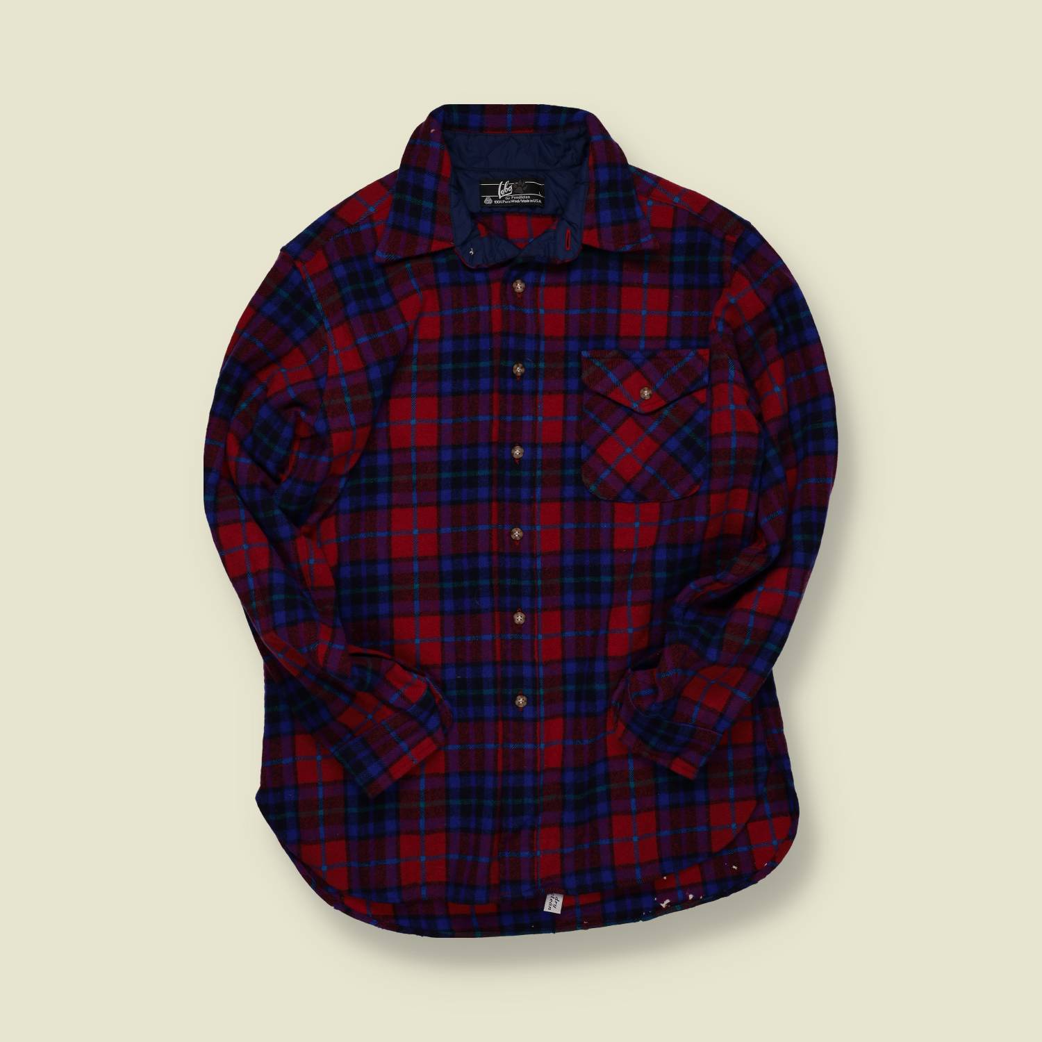1980s | Lobo by Pendleton | Wool Plaid Shirt with Elbow Patches – Red / Blue Tartan - M