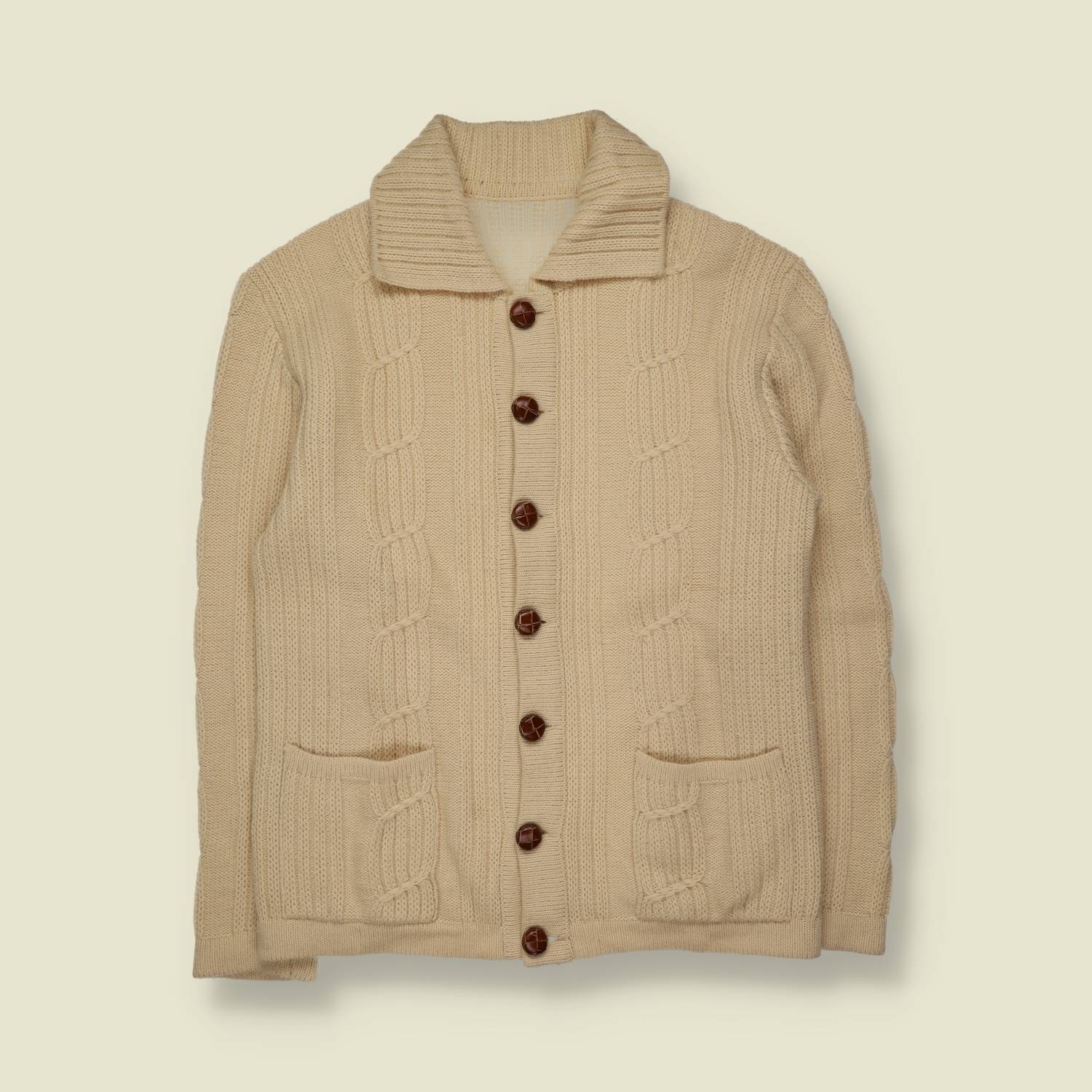 1970s | Hand Knit Wool Cardigan | Cream - M