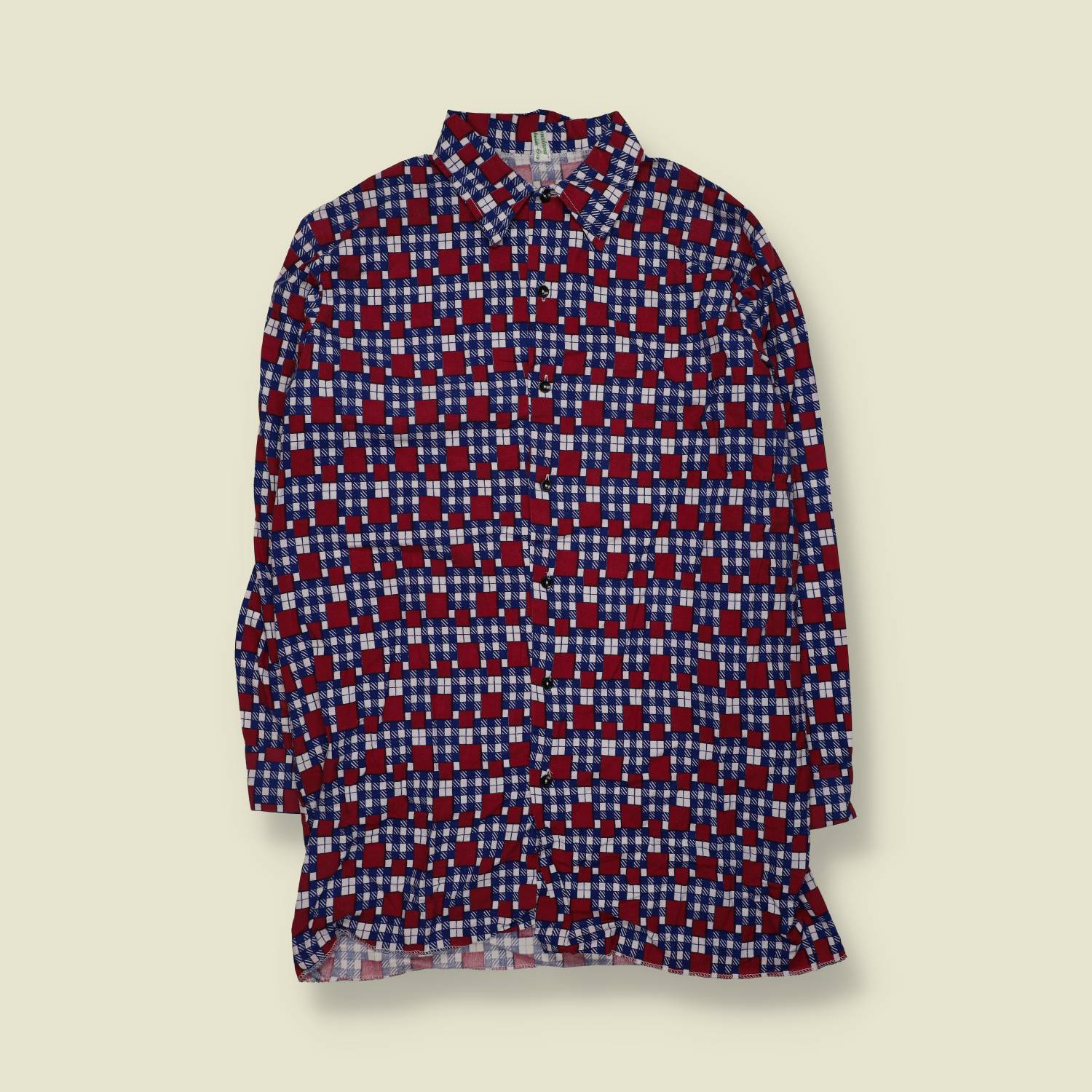 1970s | Long Sleeve Shirt | Red Blue Geometric Print - M