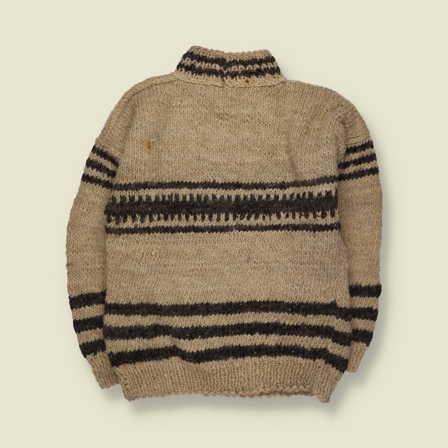1960s | Hand Knitted | Oatmeal & Dark Brown Wool Striped Crew Neck Jumper - L
