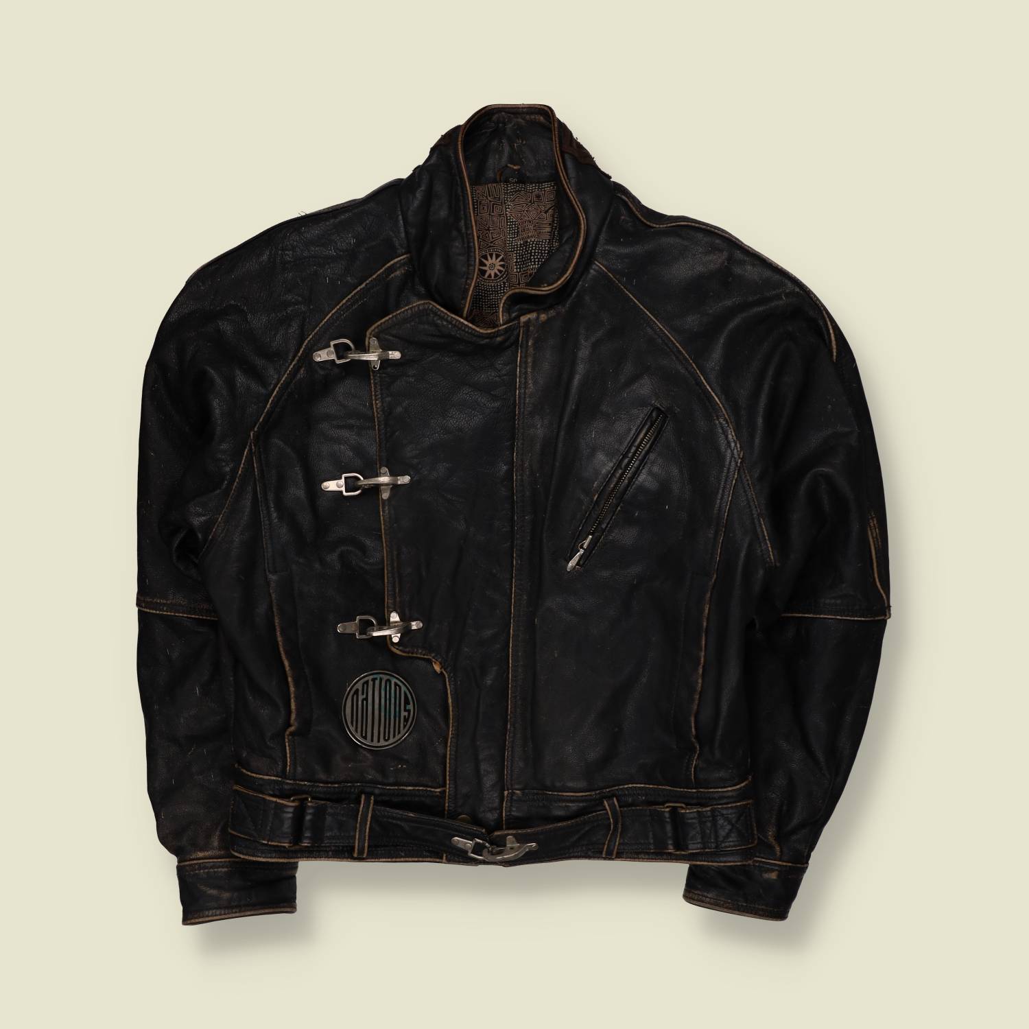 1980s | Nations | Black Distressed Leather Biker Jacket with Fireman Clasp Fastening - M