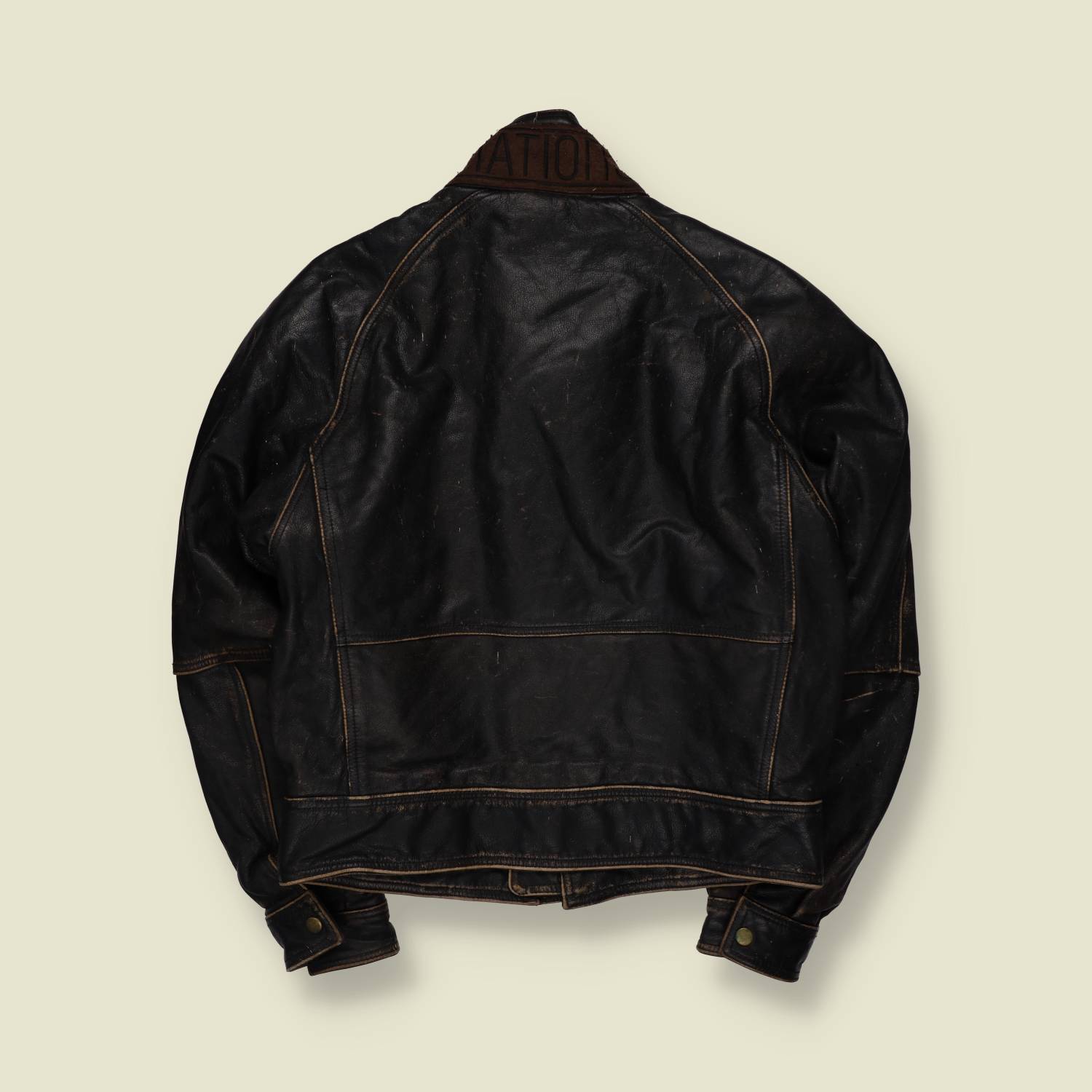 1980s | Nations | Black Distressed Leather Biker Jacket with Fireman Clasp Fastening - M