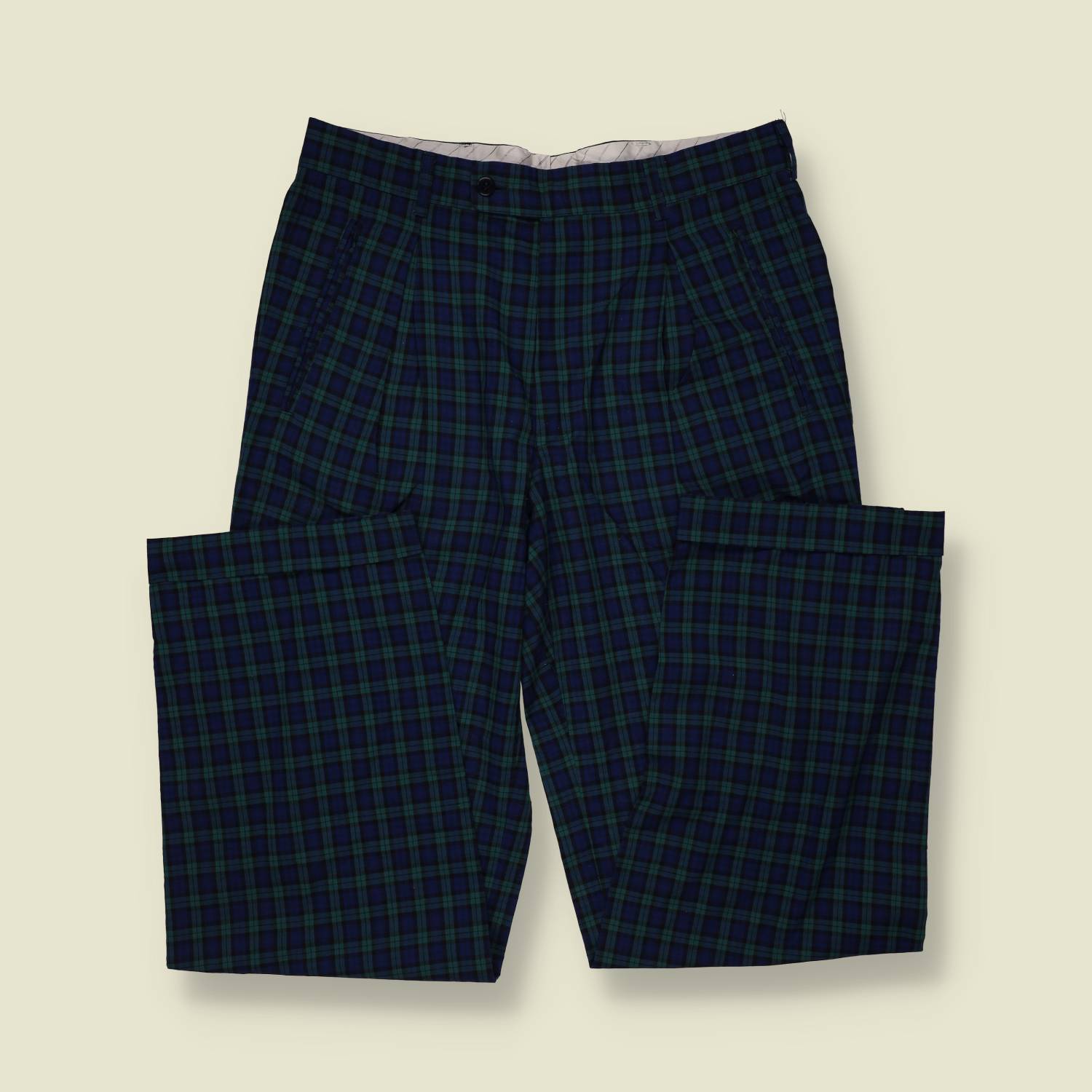 1980s | Hugo Boss | Navy & Green Tartan Pleated Cotton Blend Trousers - w32