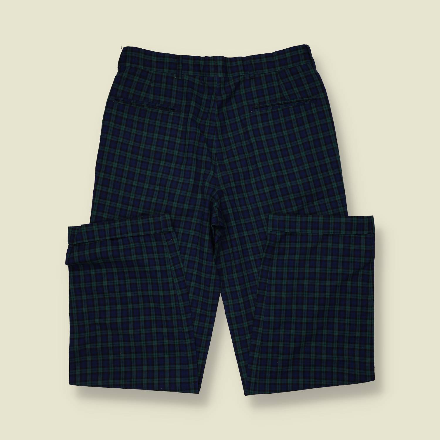 1980s | Hugo Boss | Navy & Green Tartan Pleated Cotton Blend Trousers - w32