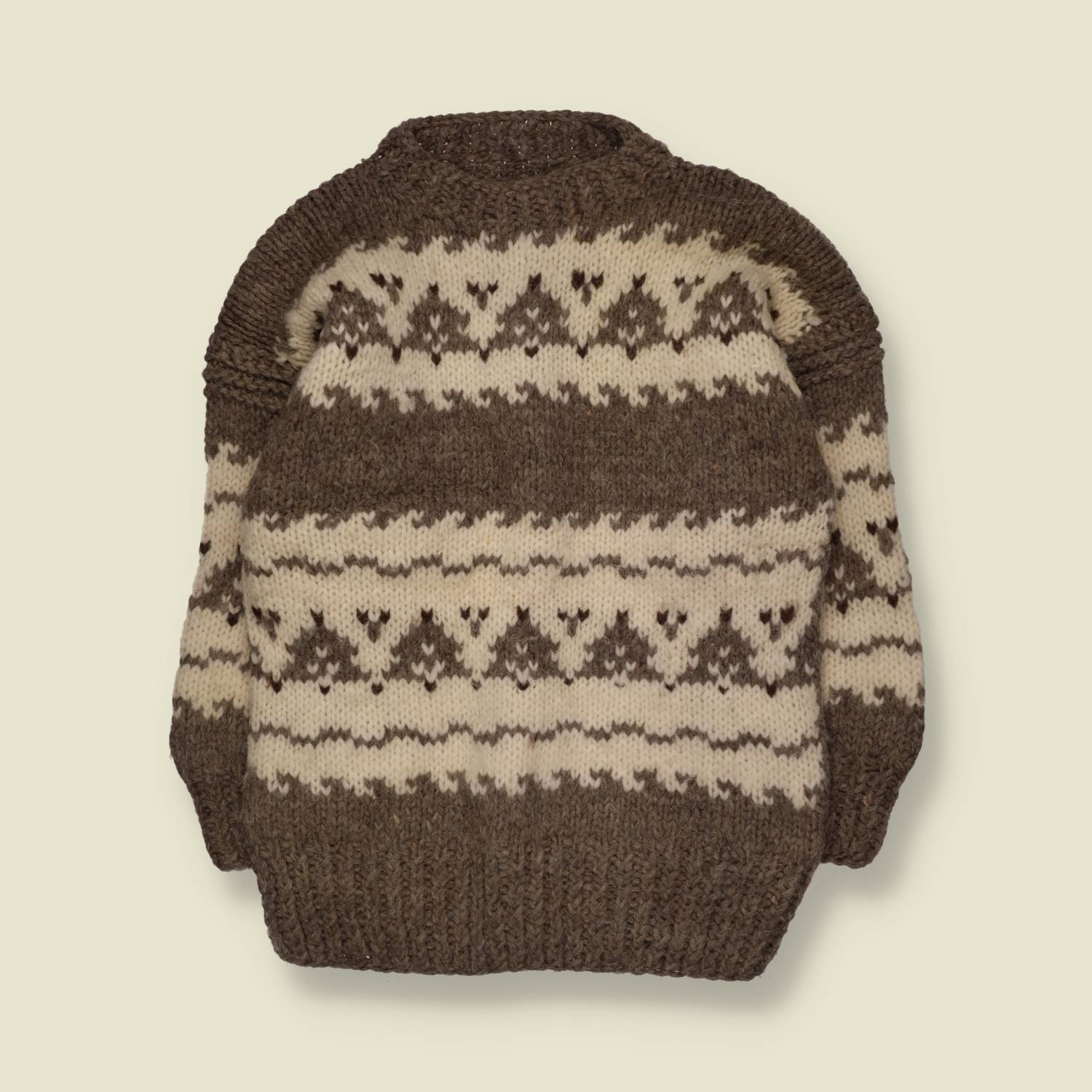 1960s-70s | Hand Knitted | Brown & Cream Wool Geometric Pattern Crew Neck Jumper - M