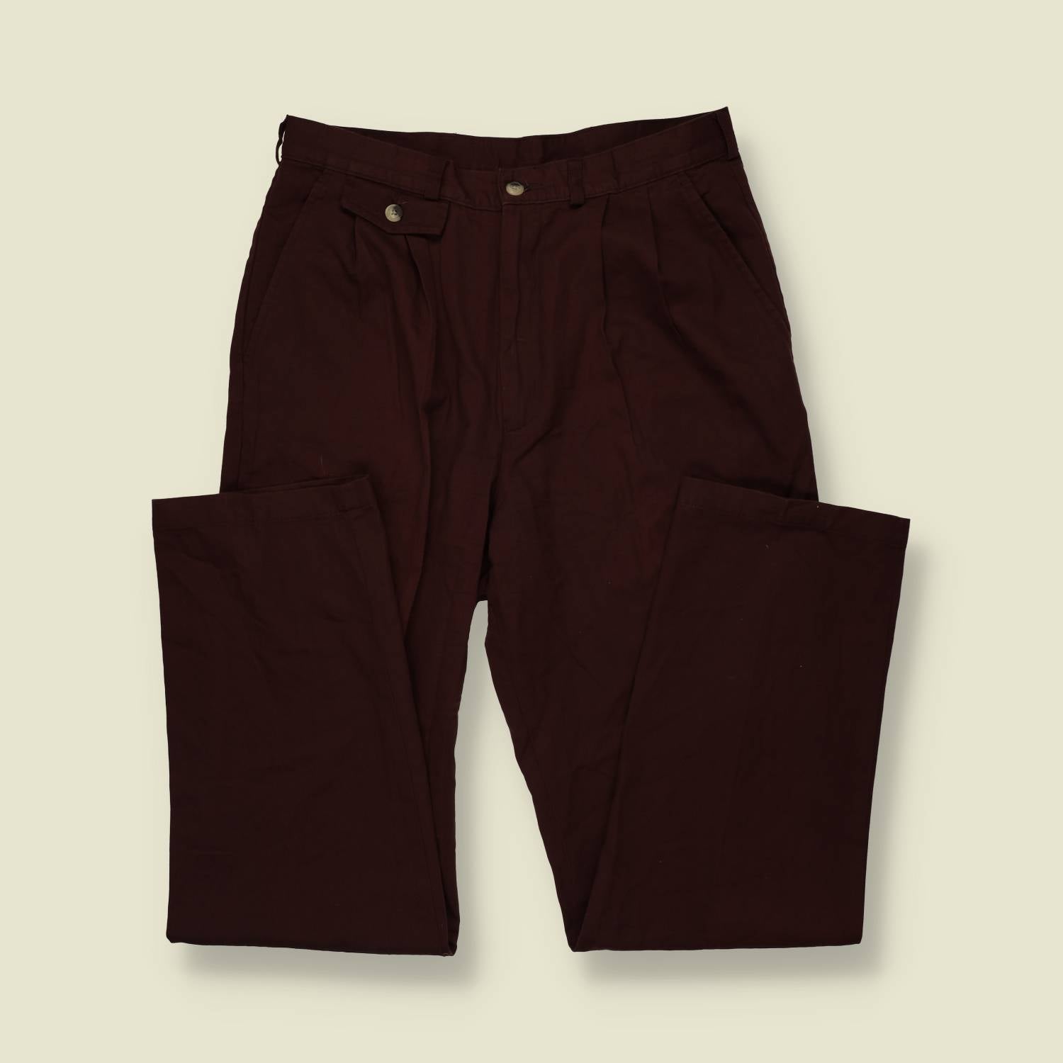 1980s | Dark Burgundy Cotton Blend Pleated Trousers - w32