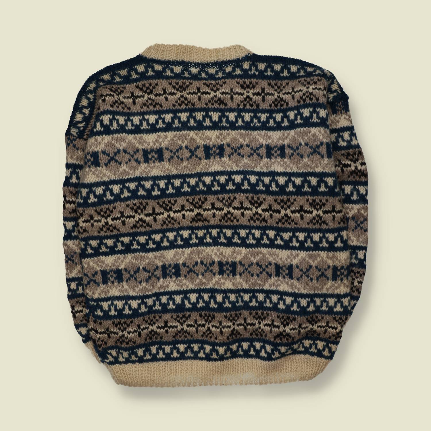 1970s | Hand Knitted | Cream & Navy Wool Geometric Pattern Crew Neck Jumper - 3XL