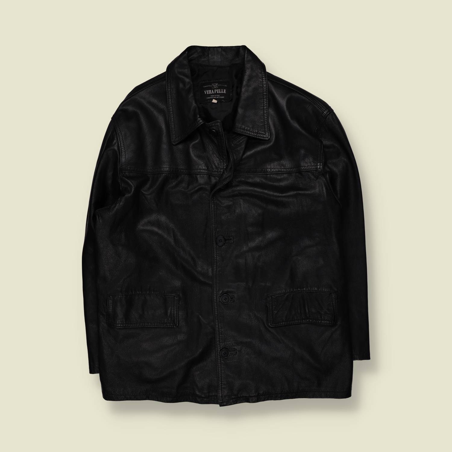 1990s | Vera Pelle | Black Leather Three-Button Jacket - Made in Italy - L