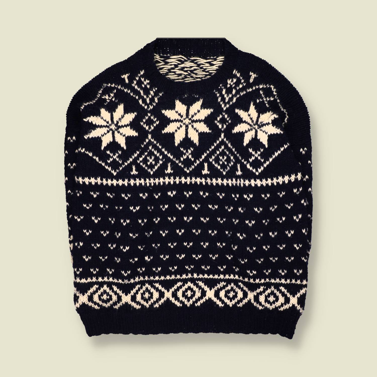 1970s | Hand Knitted | Navy & Cream Wool Snowflake Pattern Crew Neck Jumper - 5XL