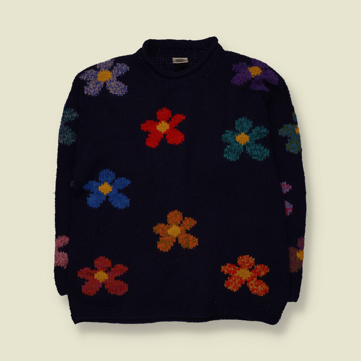 1990s | Priya | Floral Intarsia Knit Jumper | Navy - Free size