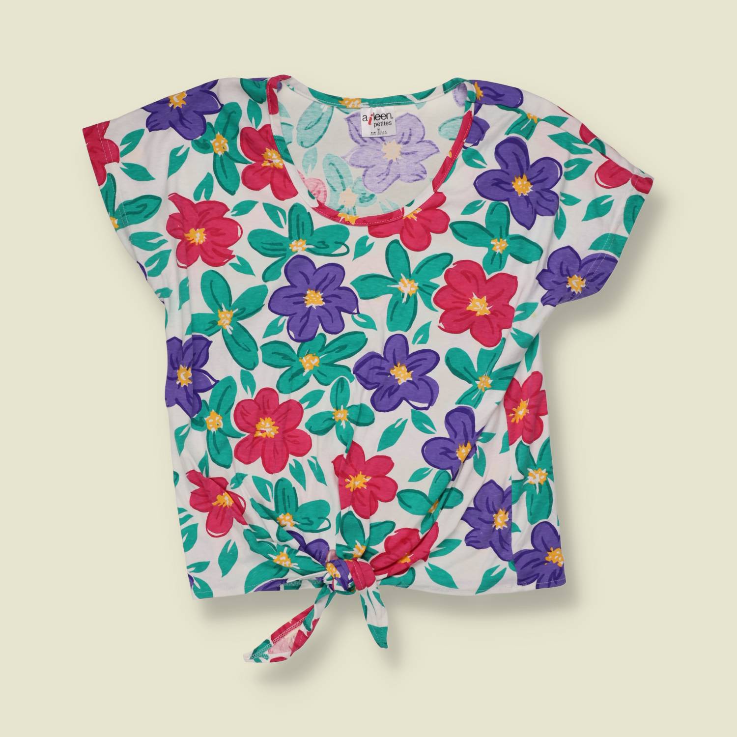 1980s | Aileen Petites | Floral Tie-Front Top | Multi - 10