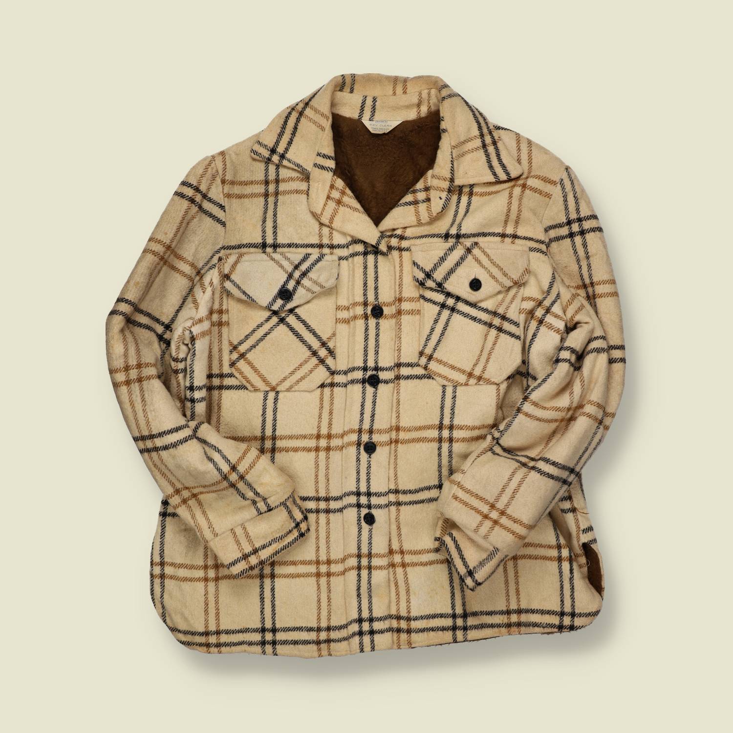 1970s | Sears Wool Sherpa-Lined Shirt Jacket | Cream/Tan Plaid - S