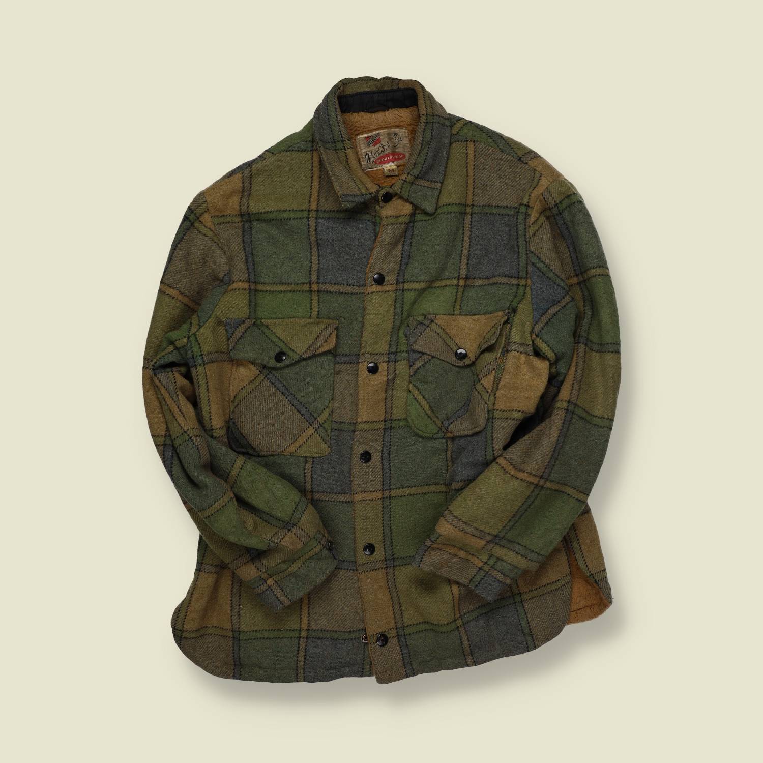 1960s | Sportswear Wool Blanket Shirt Jacket | Green/Brown Plaid – Teddy Lining - S