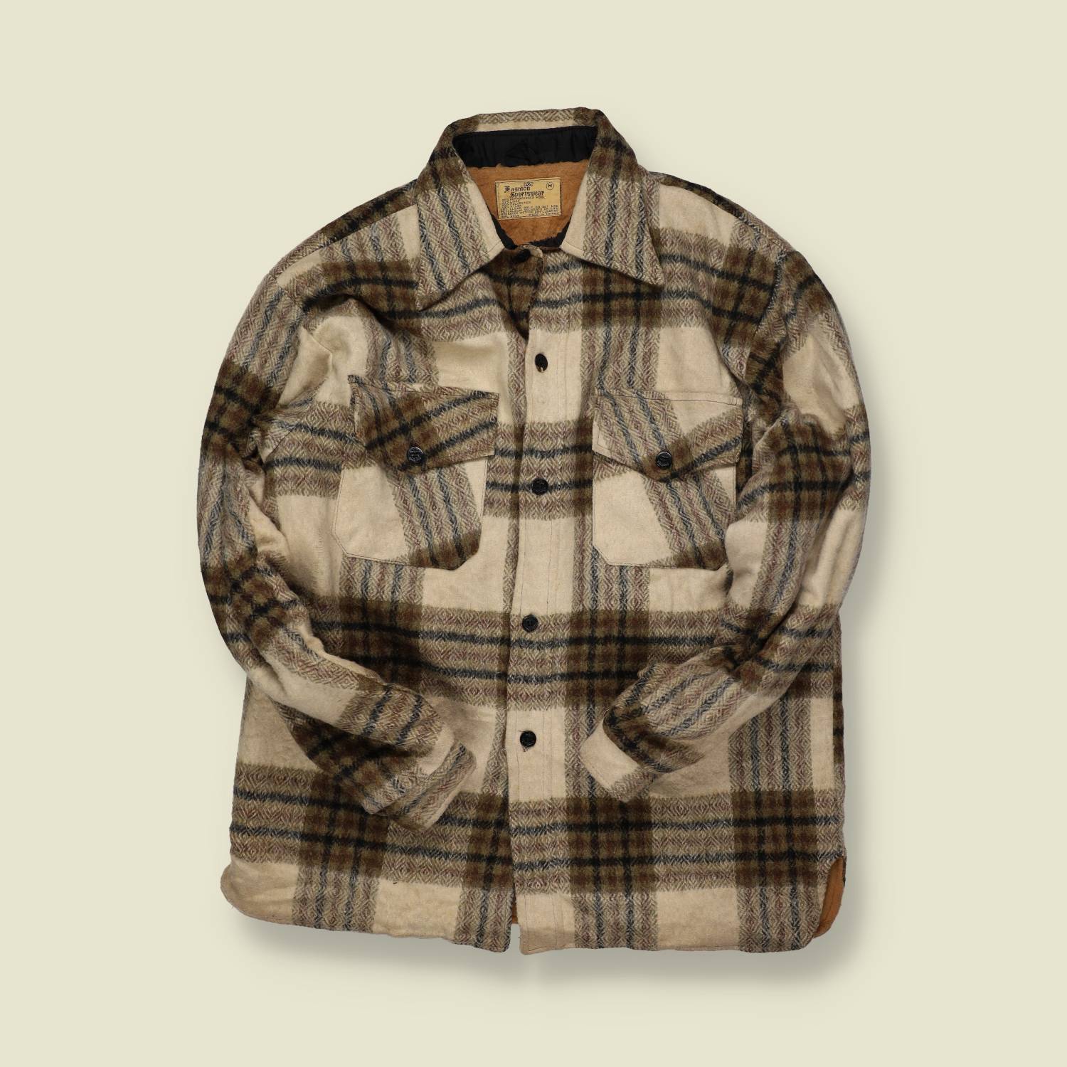 1970s | Fashion Sportswear Wool Shirt Jacket | Cream/Brown Plaid - S/M