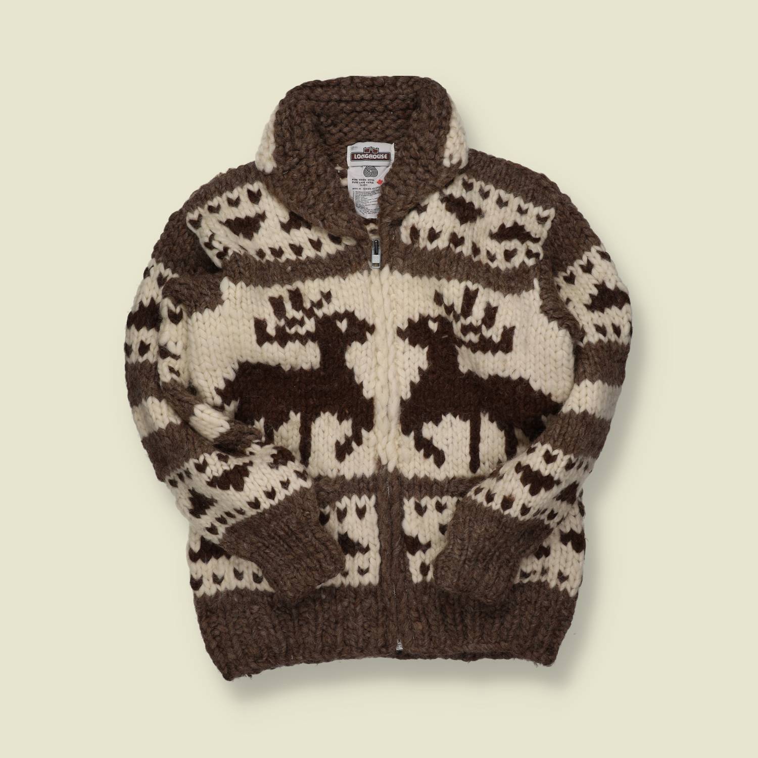 1980s–90s | Longhouse | Cowichan-Style Zip Cardigan – Brown/Cream Deer Panels - S