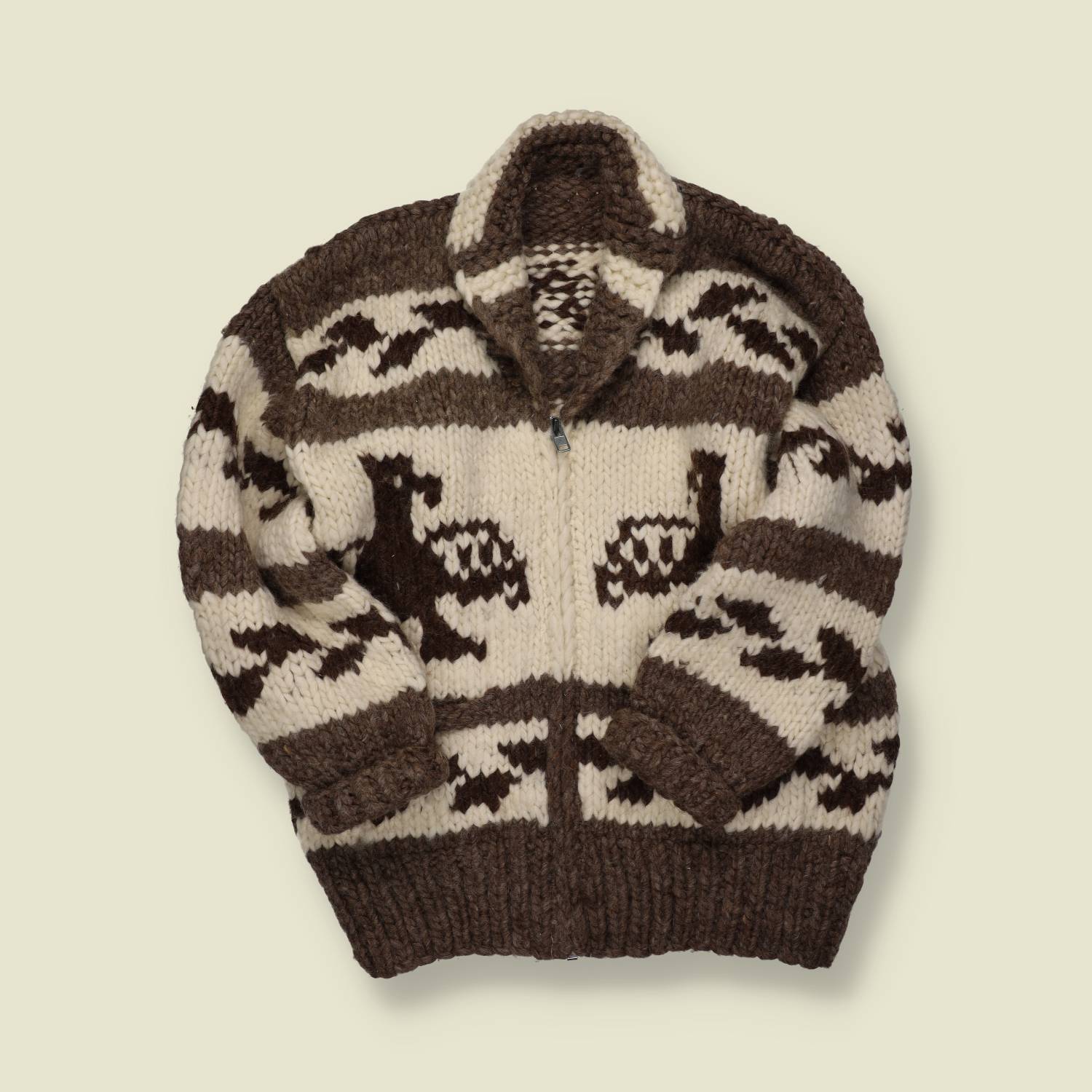 1970s–80s | Hand-Knit Cowichan-Style Zip Cardigan – Brown/Cream Bird Panels - S