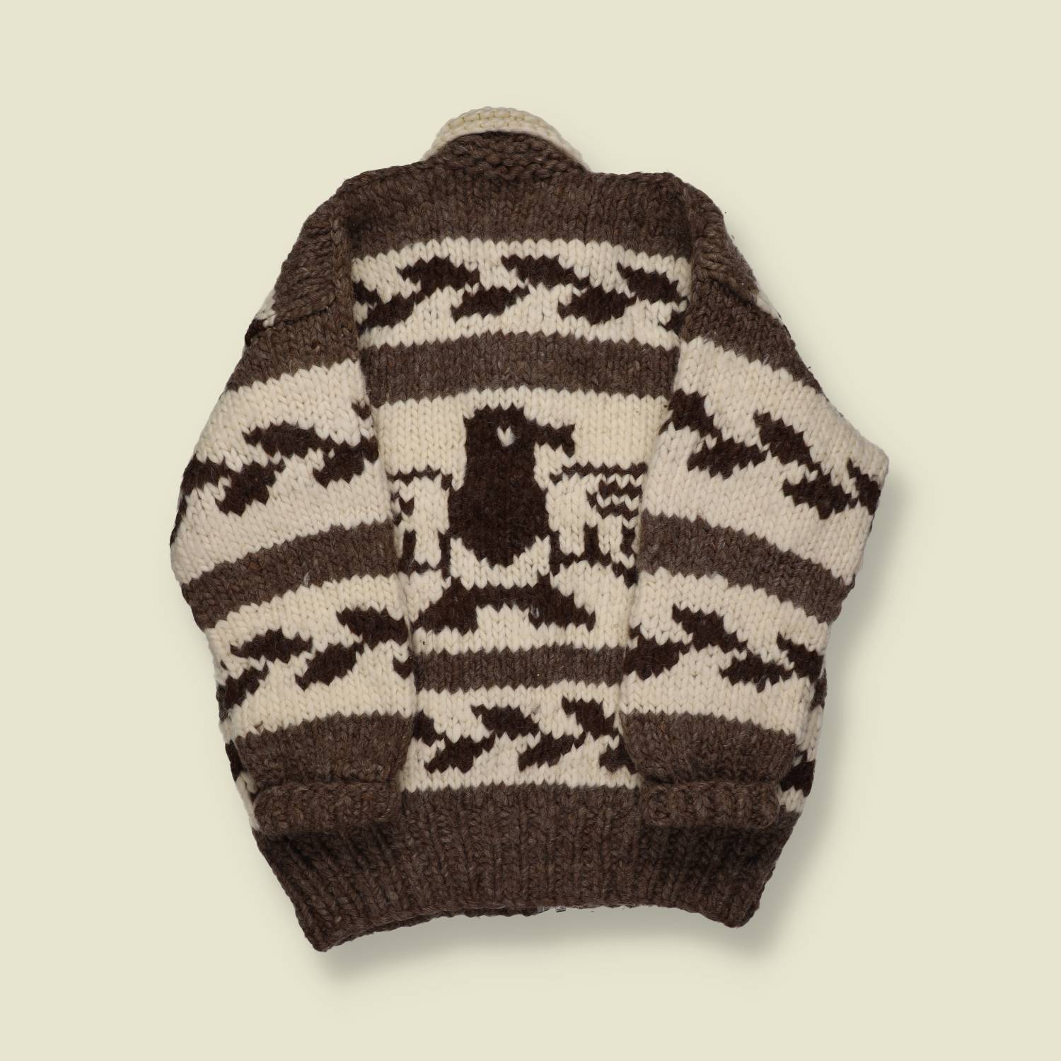 1970s–80s | Hand-Knit Cowichan-Style Zip Cardigan – Brown/Cream Bird Panels - S