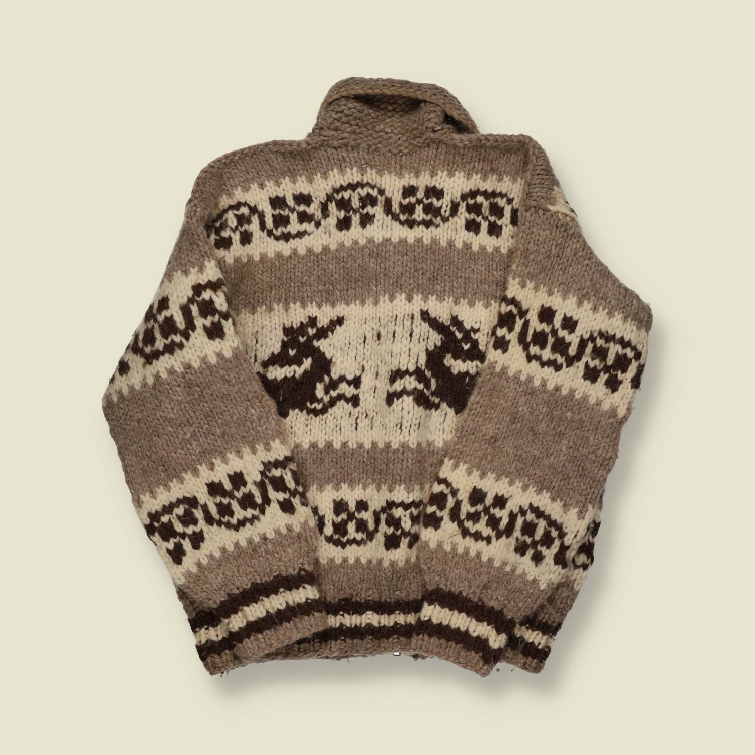 1970s–80s | Genuine Cowichan | Zip Cardigan – Taupe/Cream Leaping Deer - S/M