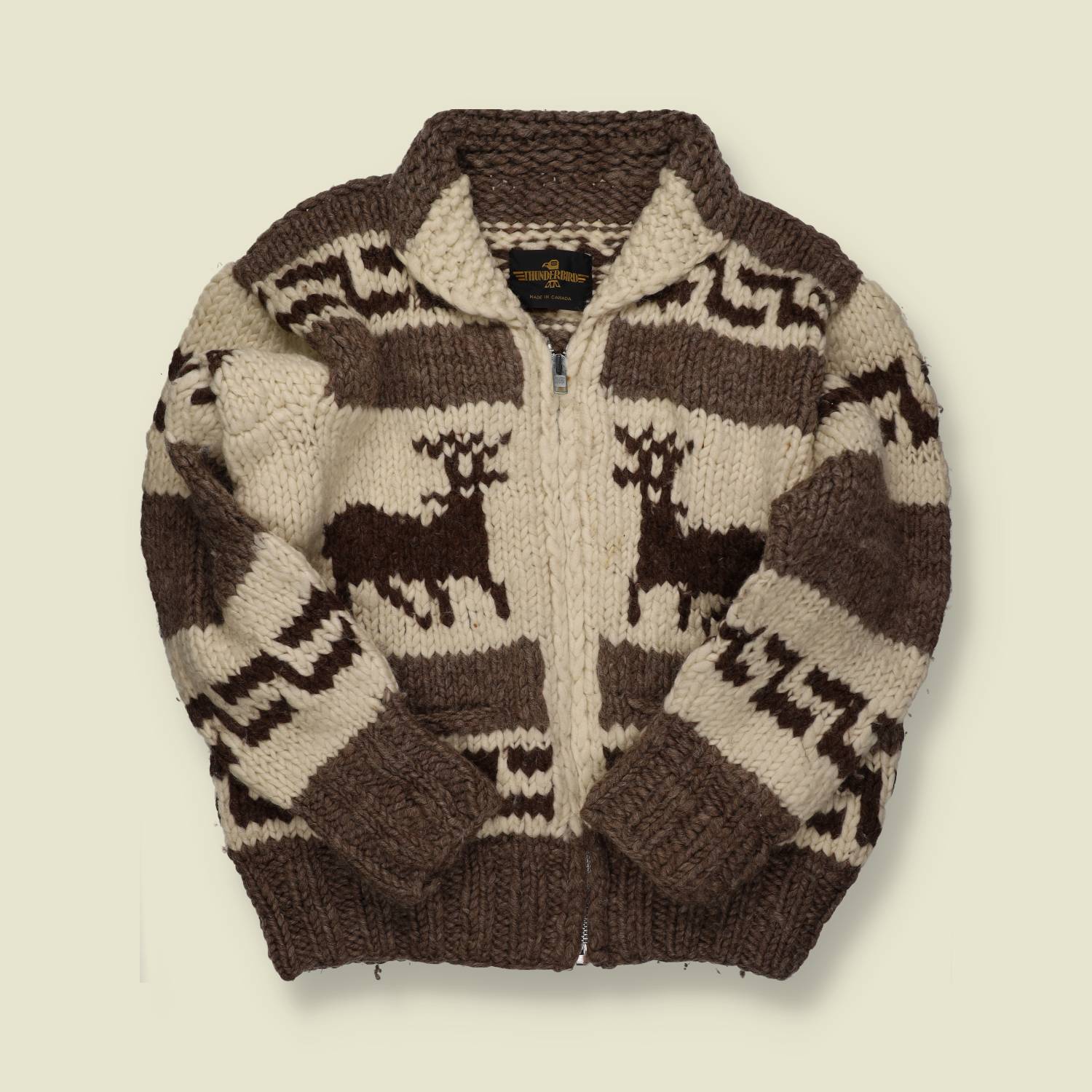 1980s–90s | Thunderbird | Cowichan-Style Zip Cardigan – Brown/Cream Deer Panels - M/L