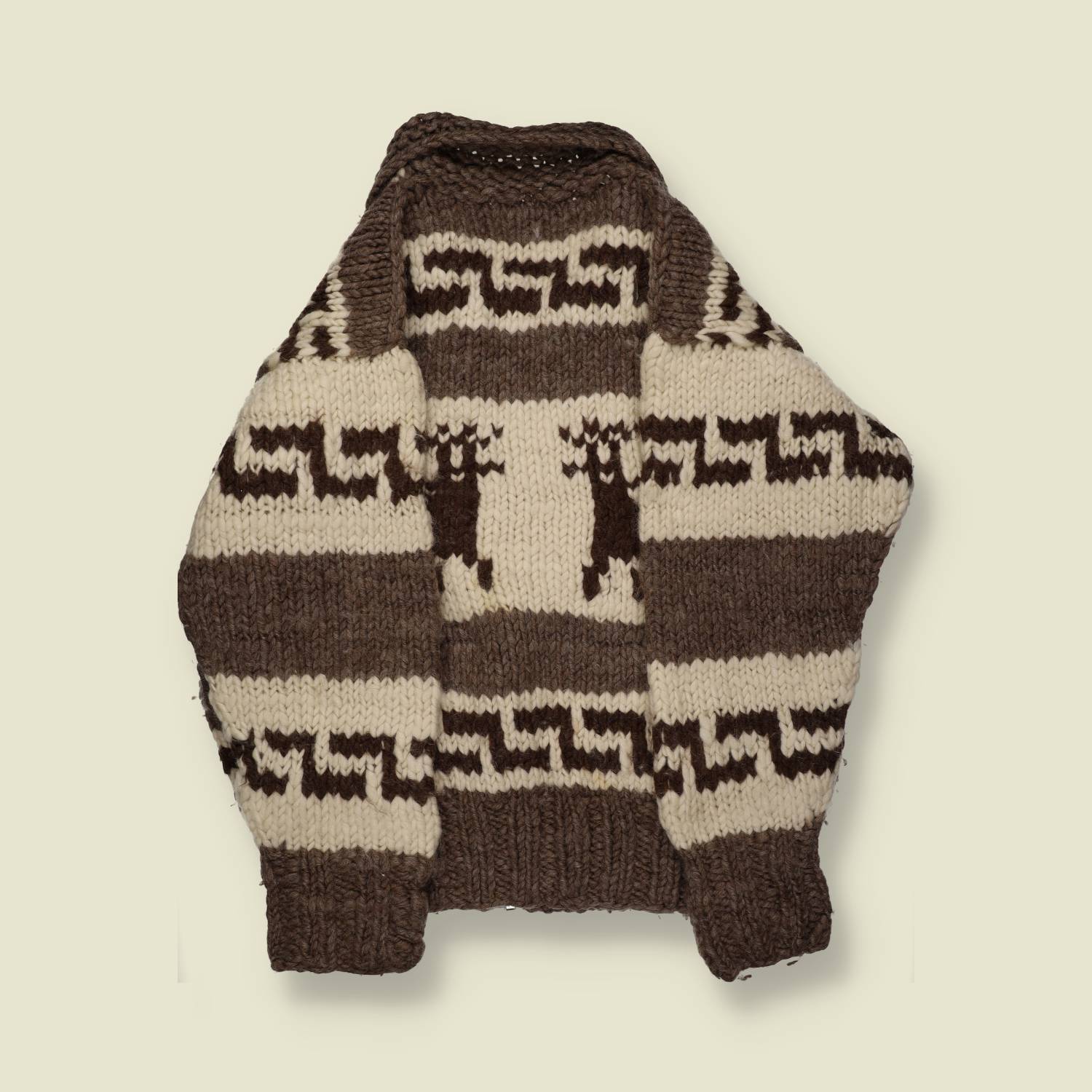 1980s–90s | Thunderbird | Cowichan-Style Zip Cardigan – Brown/Cream Deer Panels - M/L