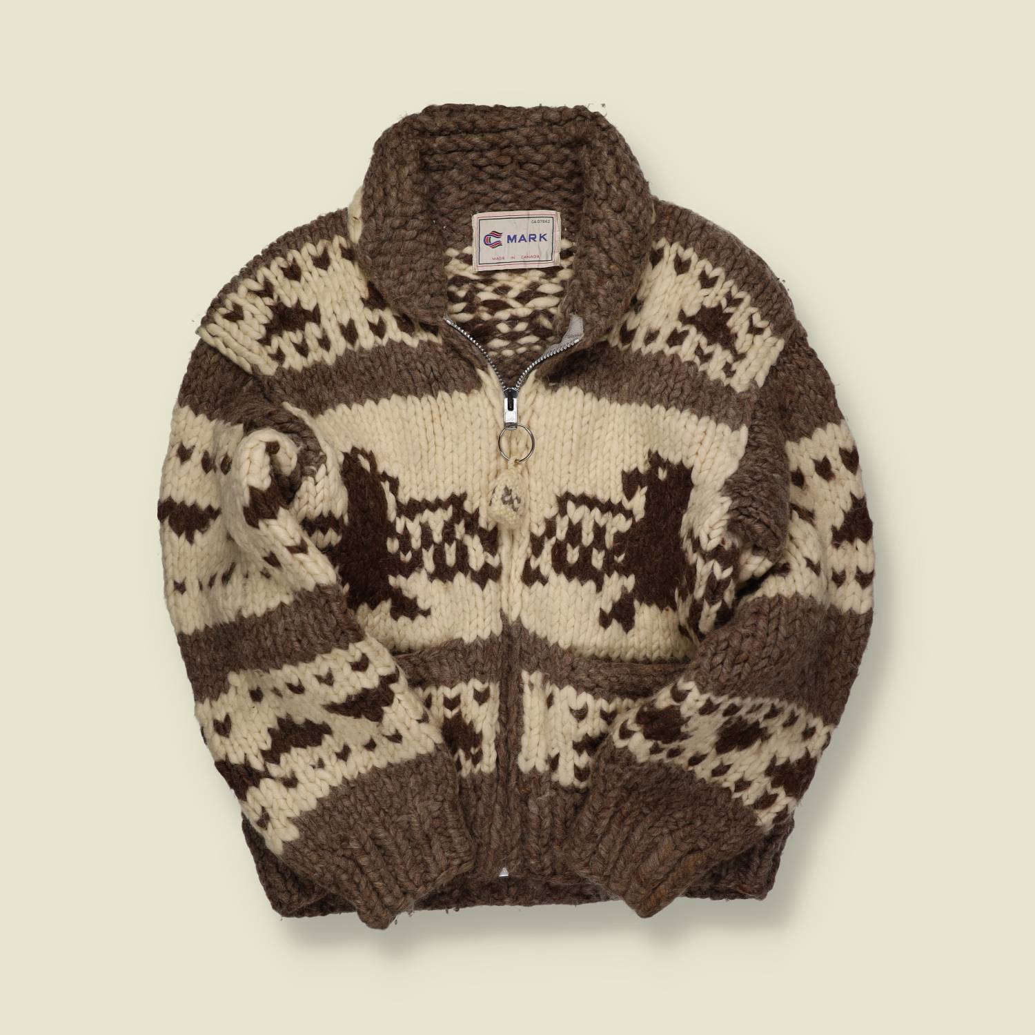 1980s–90s | C-Mark | Cowichan-Style Zip Cardigan – Brown/Cream Horse Panels - S