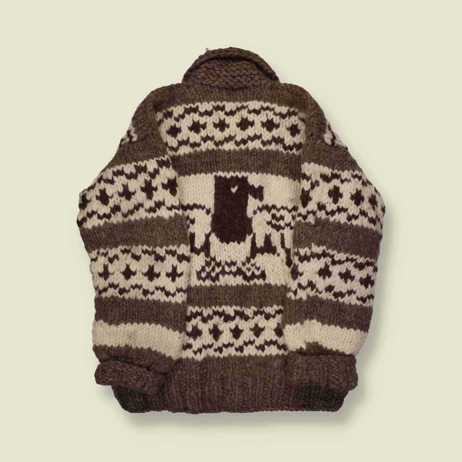 1970s–80s | Hand-Knit Cowichan-Style Zip Cardigan – Brown/Cream Horse Panels (Deadstock) - S