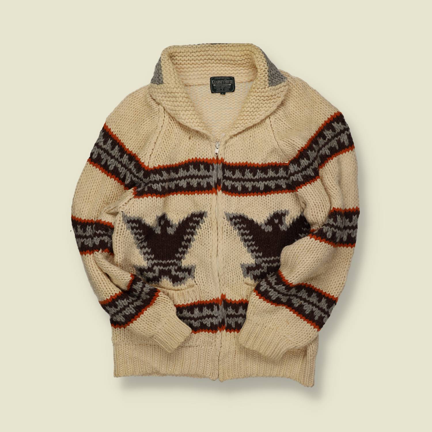 1990s | Kearney House | Cowichan-Style Zip Cardigan – Cream/Brown/Orange Eagle - S