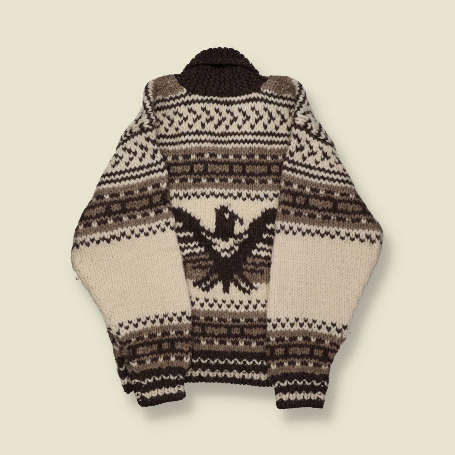 1990s | Northwards | Cowichan-Style Shawl-Collar Sweater – Cream/Brown Eagle - S