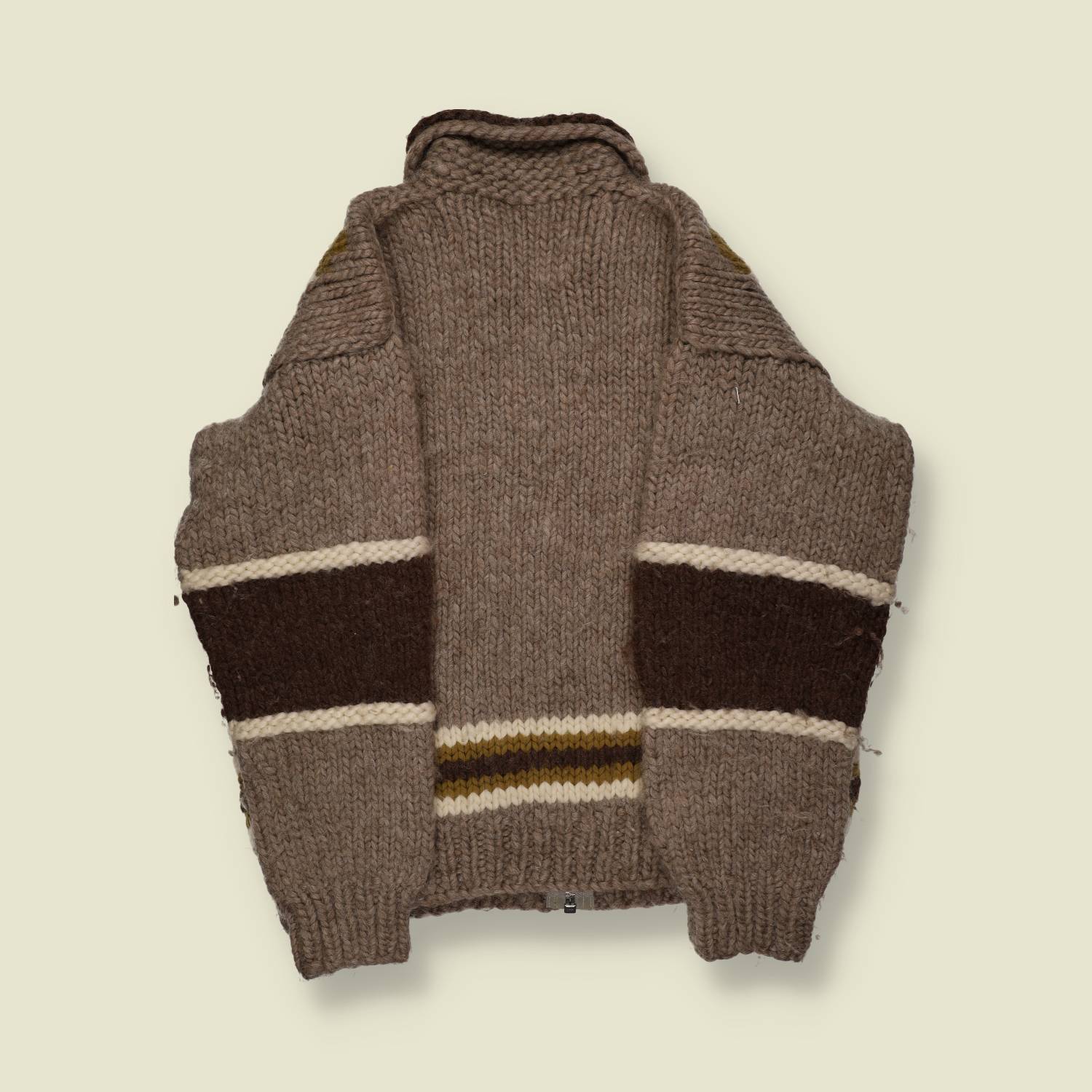 1970s–80s | Hand-Knit Canadian | Cowichan-Style Zip Cardigan – Taupe Diamond Pattern - M