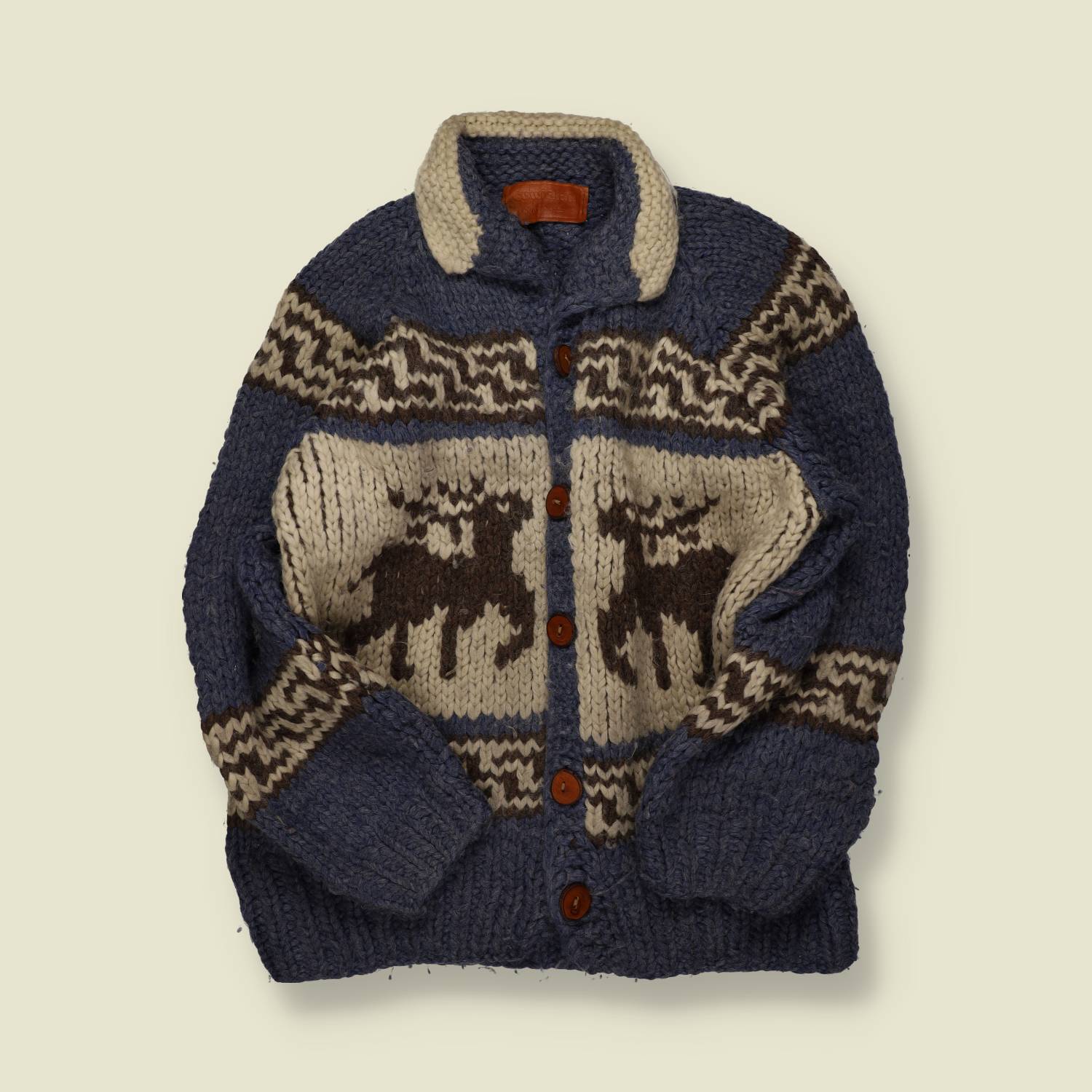 1970s–80s | Hand-Knit Cowichan-Style Button Cardigan – Indigo/Cream Deer Panels - L
