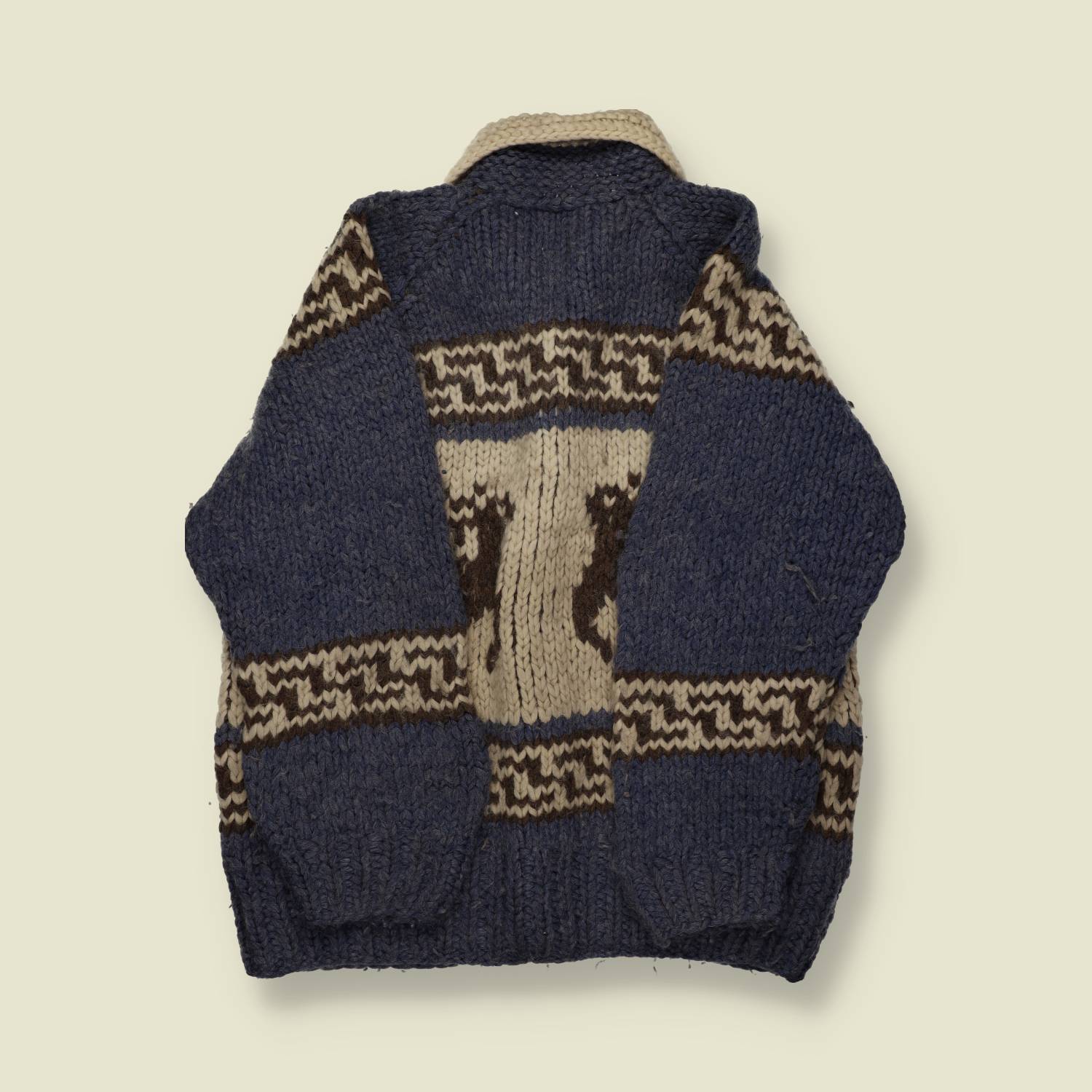 1970s–80s | Hand-Knit Cowichan-Style Button Cardigan – Indigo/Cream Deer Panels - L
