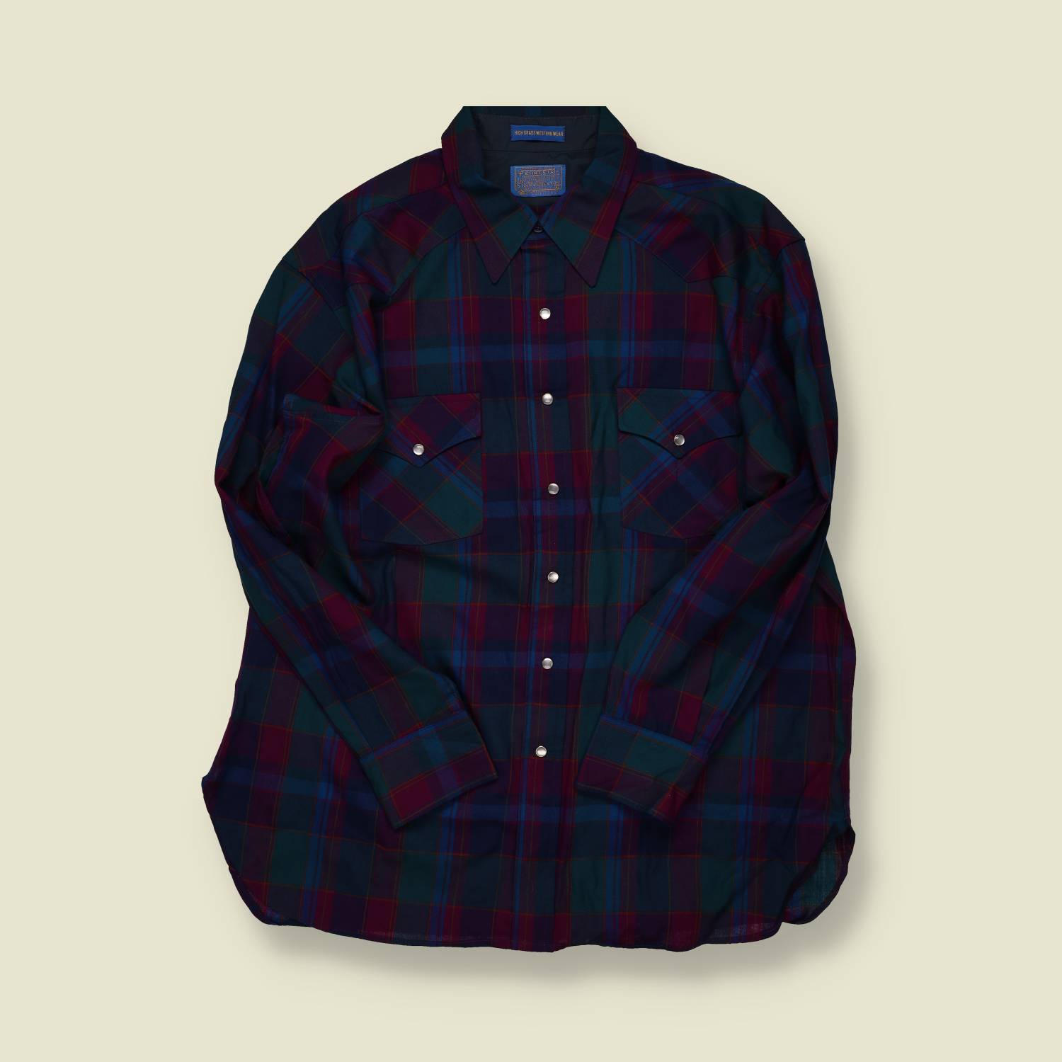 1980s–90s | Pendleton High-Grade Western Wear | Tartan Snap Shirt – Navy/Burgundy/Green - XL