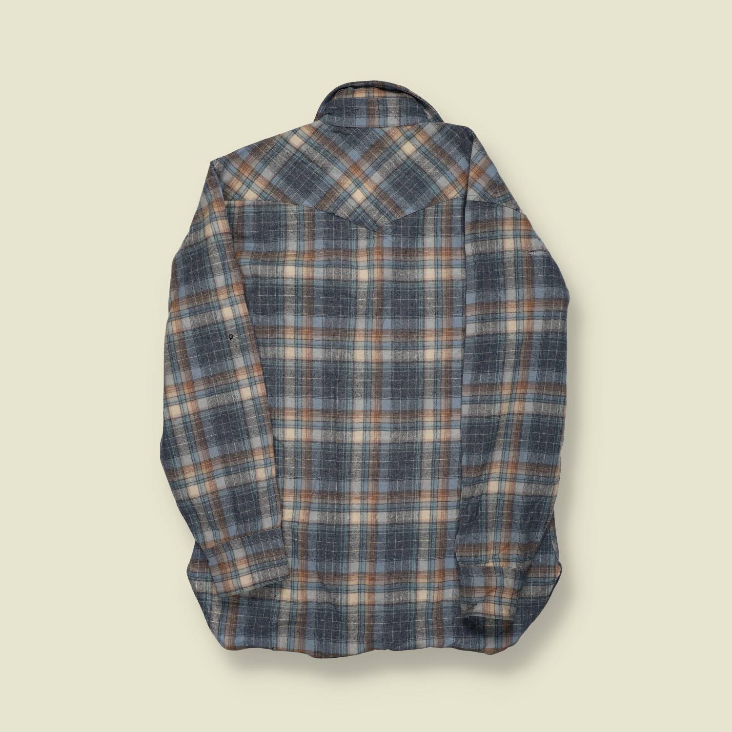 1970s–80s | Pendleton High Grade Western Wear | Wool Snap Shirt – Grey/Blue/Tan Plaid - M