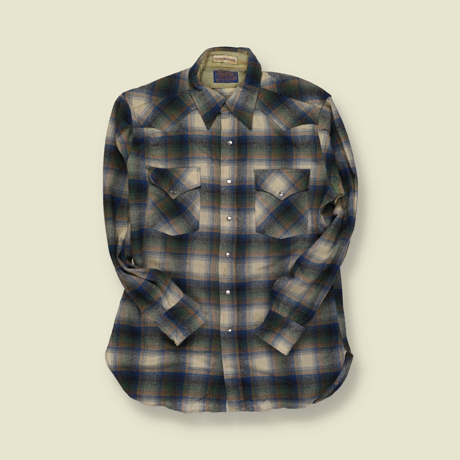 1970s–80s | Pendleton High Grade Western Wear | Wool Snap Shirt – Green/Navy Shadow Plaid - M