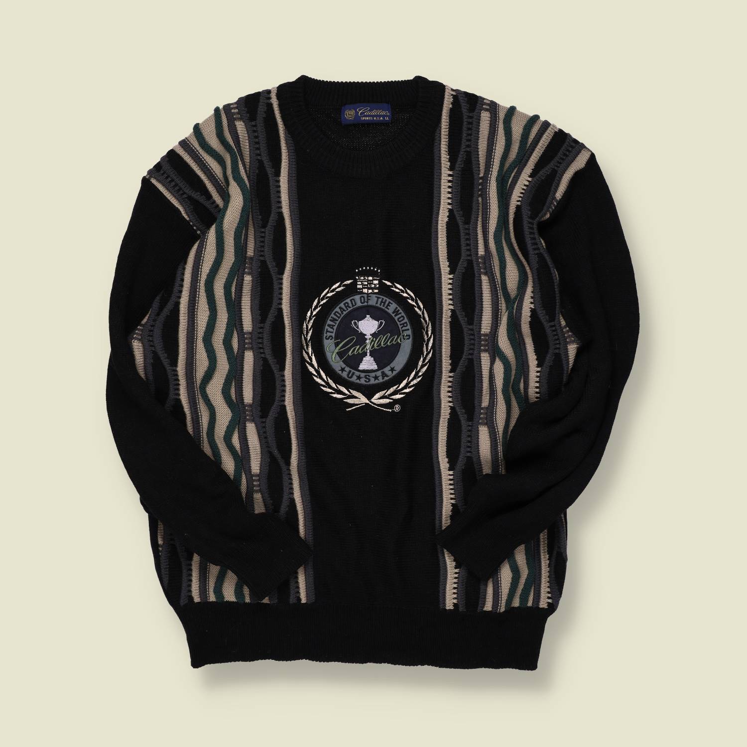 1990s | Cadillac 3D Knit Jumper | Black/Teal/Grey – Coogi-Style - M/L