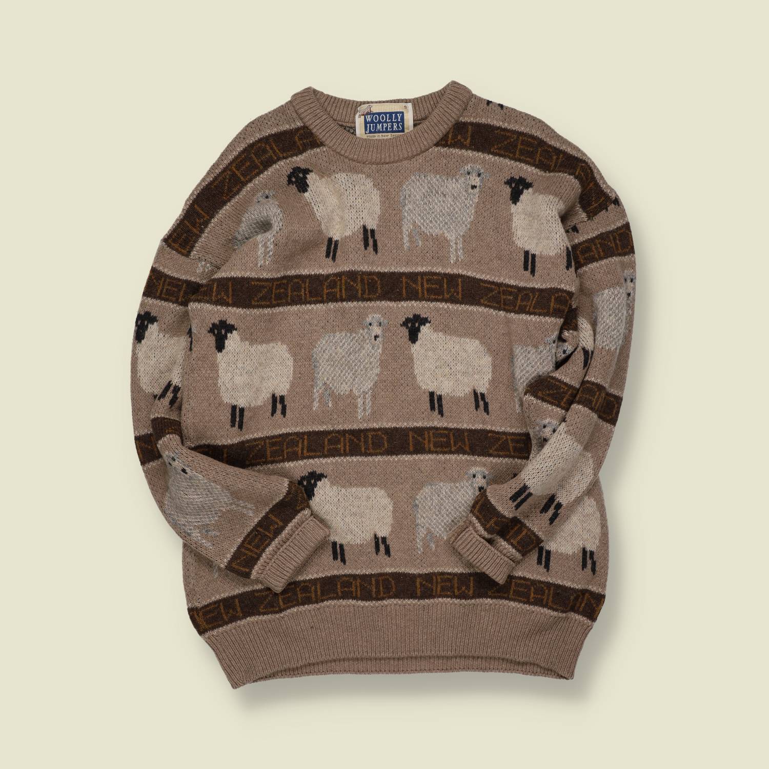 1990s | Woolly Jumpers NZ Sheep Knit | Taupe/Brown – Made in New Zealand - S/M