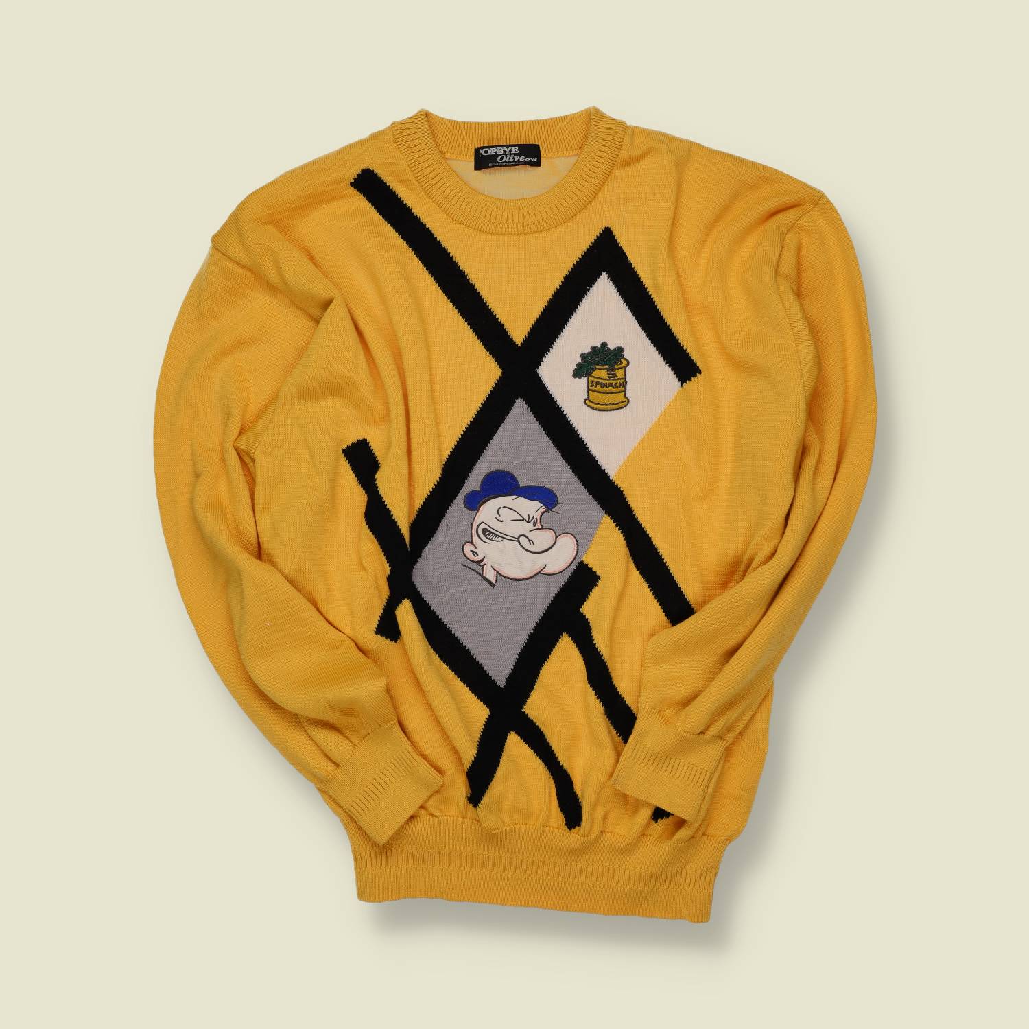 1990s | Popeye Argyle Knit Jumper | Yellow/Black – Novelty Graphic - S/M