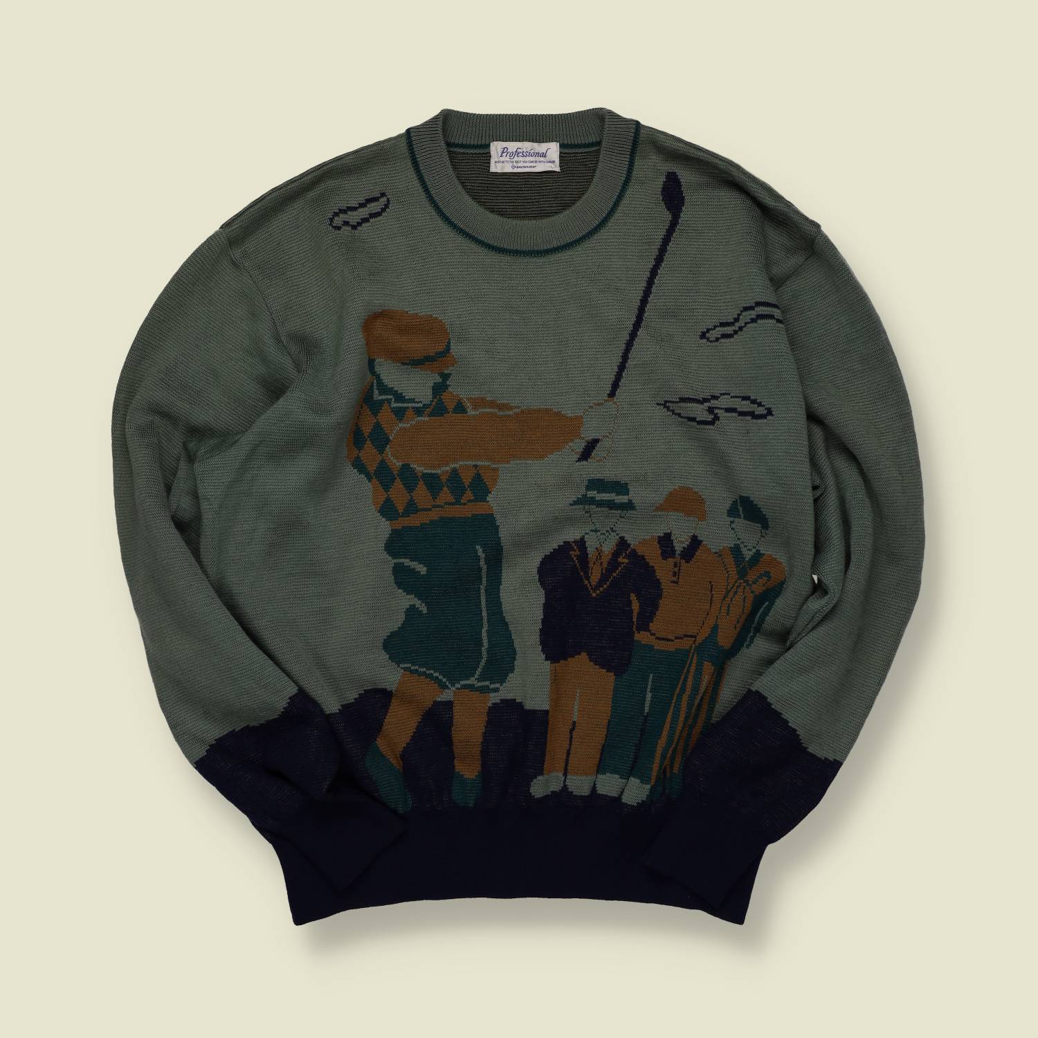 1980s | Dunlop Golf Scene Knit Jumper | Sage/Teal/Amber - S