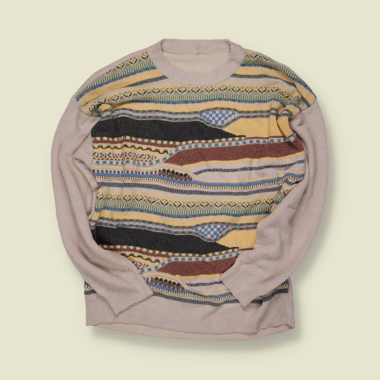 1990s | Abstract Pattern Knit Jumper | Oatmeal/Multi – Coogi-Style - S