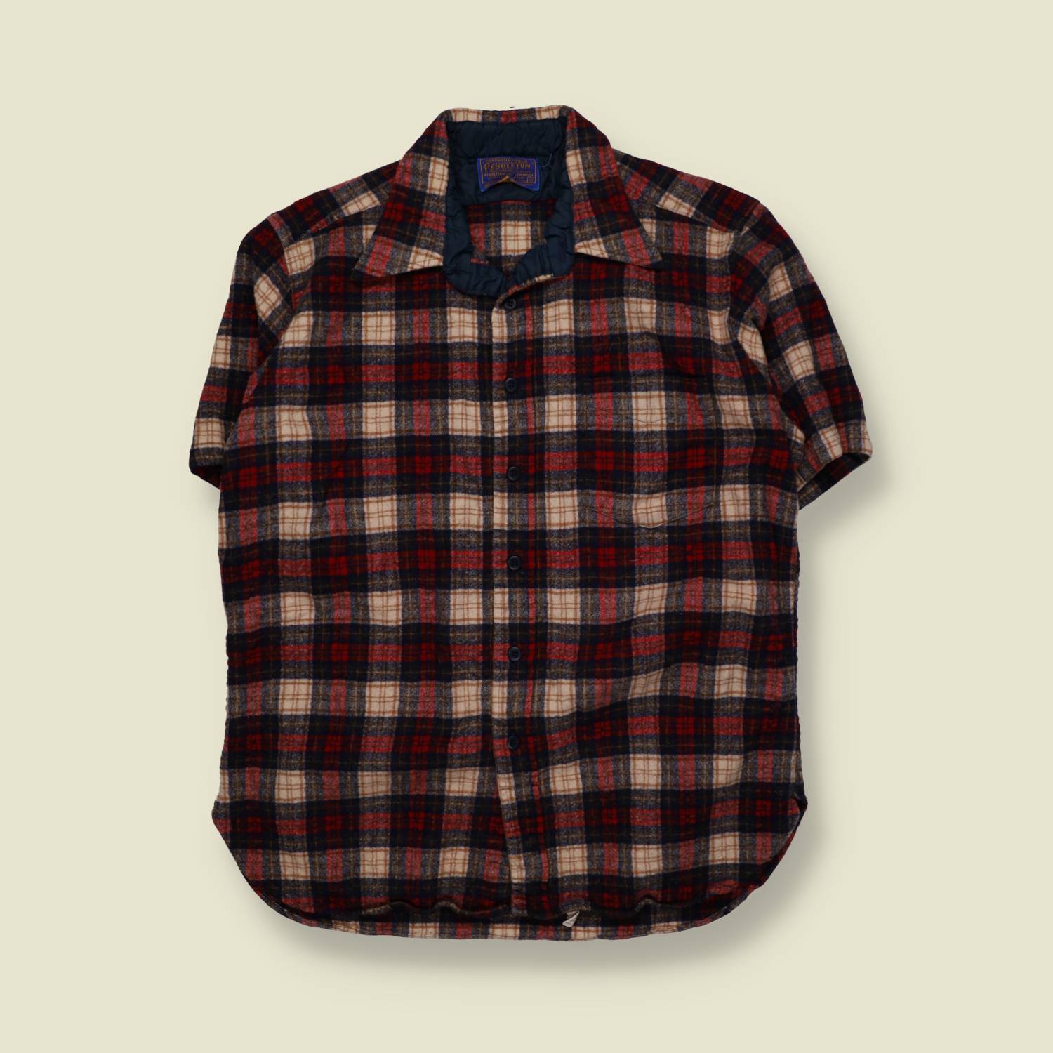 1970s | Pendleton | Short Sleeve Plaid Shirt | Red Navy Cream | Made In USA – XL