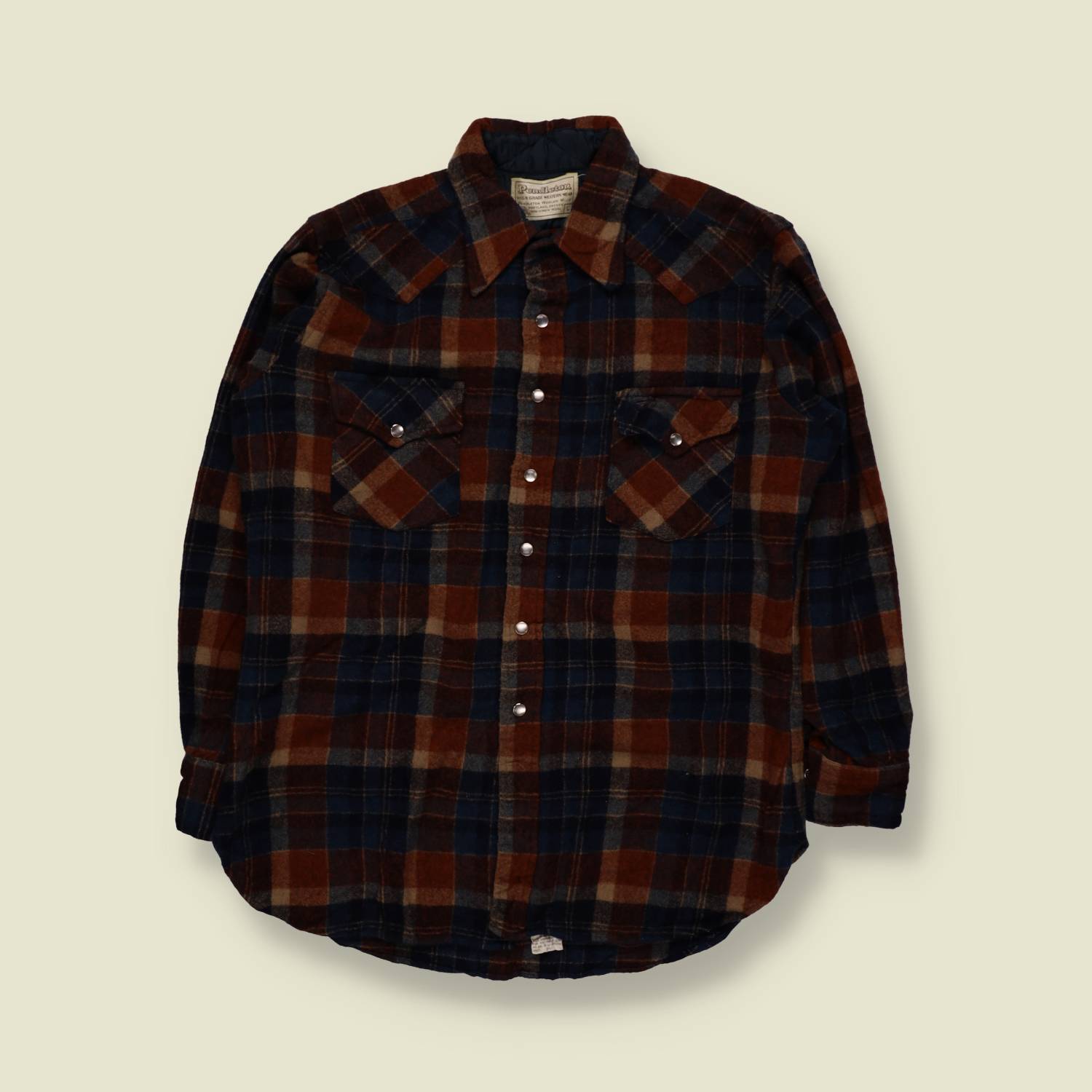 1970s | Pendleton | Western Shirt | Brown Navy Plaid | Made In USA - L
