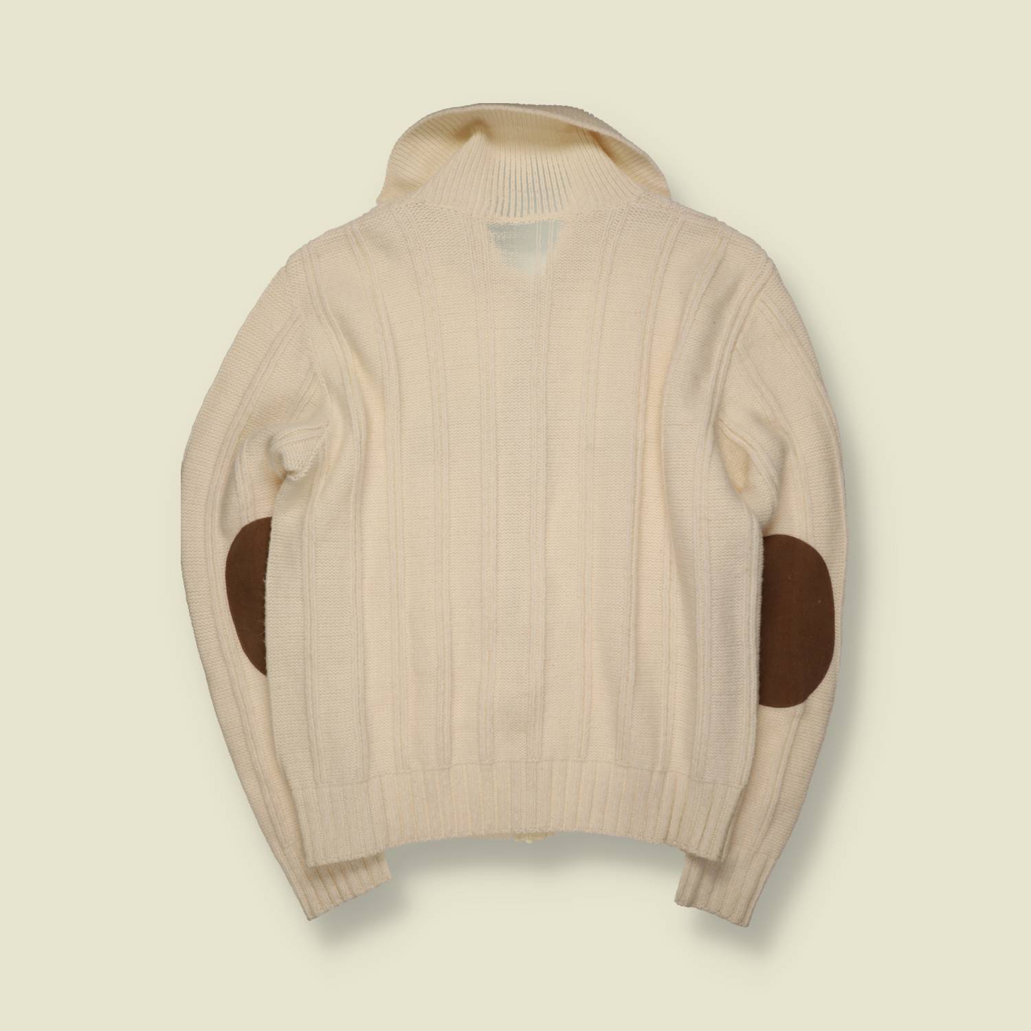 1970s | Knit Zip Cardigan | Cream | Elbow Patches - L