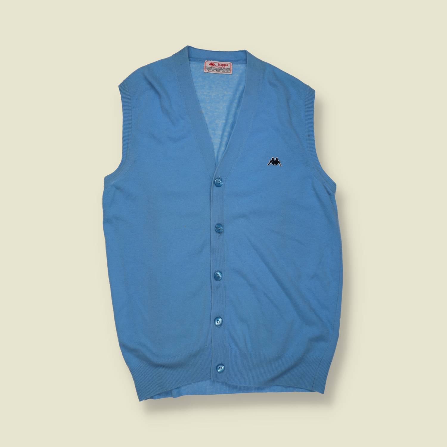 1970s | Kappa | Sleeveless Cardigan Vest | Sky Blue | Made In Italy – S