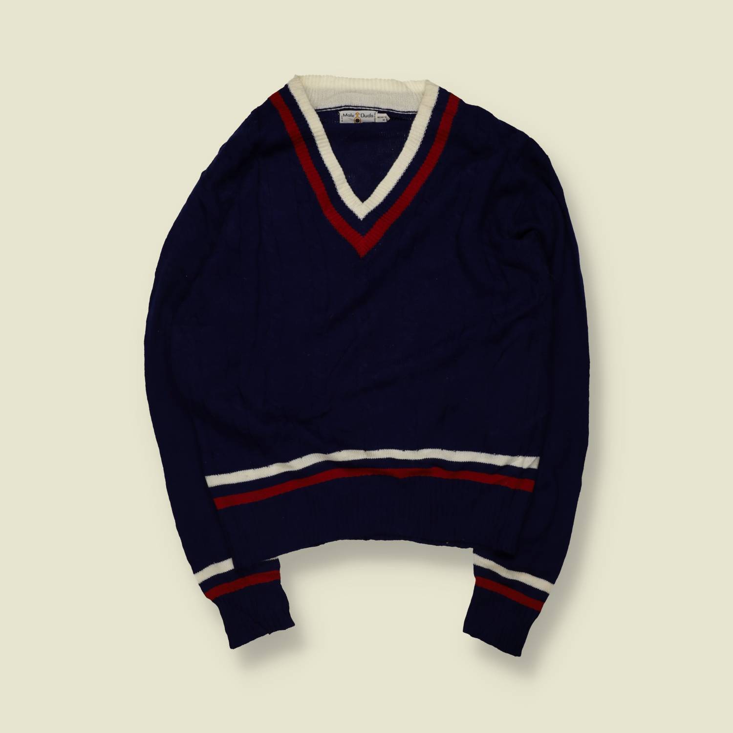1970s | Male Duds | Cricket Jumper | Navy With Stripe Trim – L
