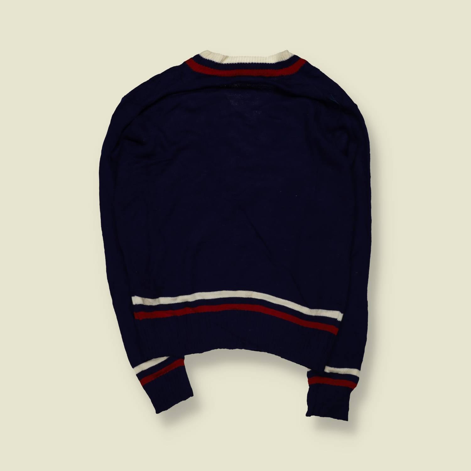 1970s | Male Duds | Cricket Jumper | Navy With Stripe Trim – L