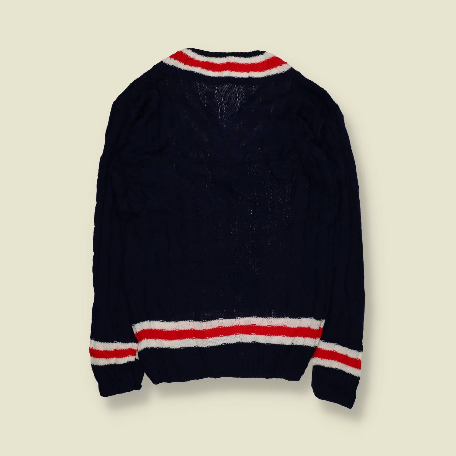 1980s–1990s | Cricket Jumper | Navy With Red And White Stripe Trim – XS