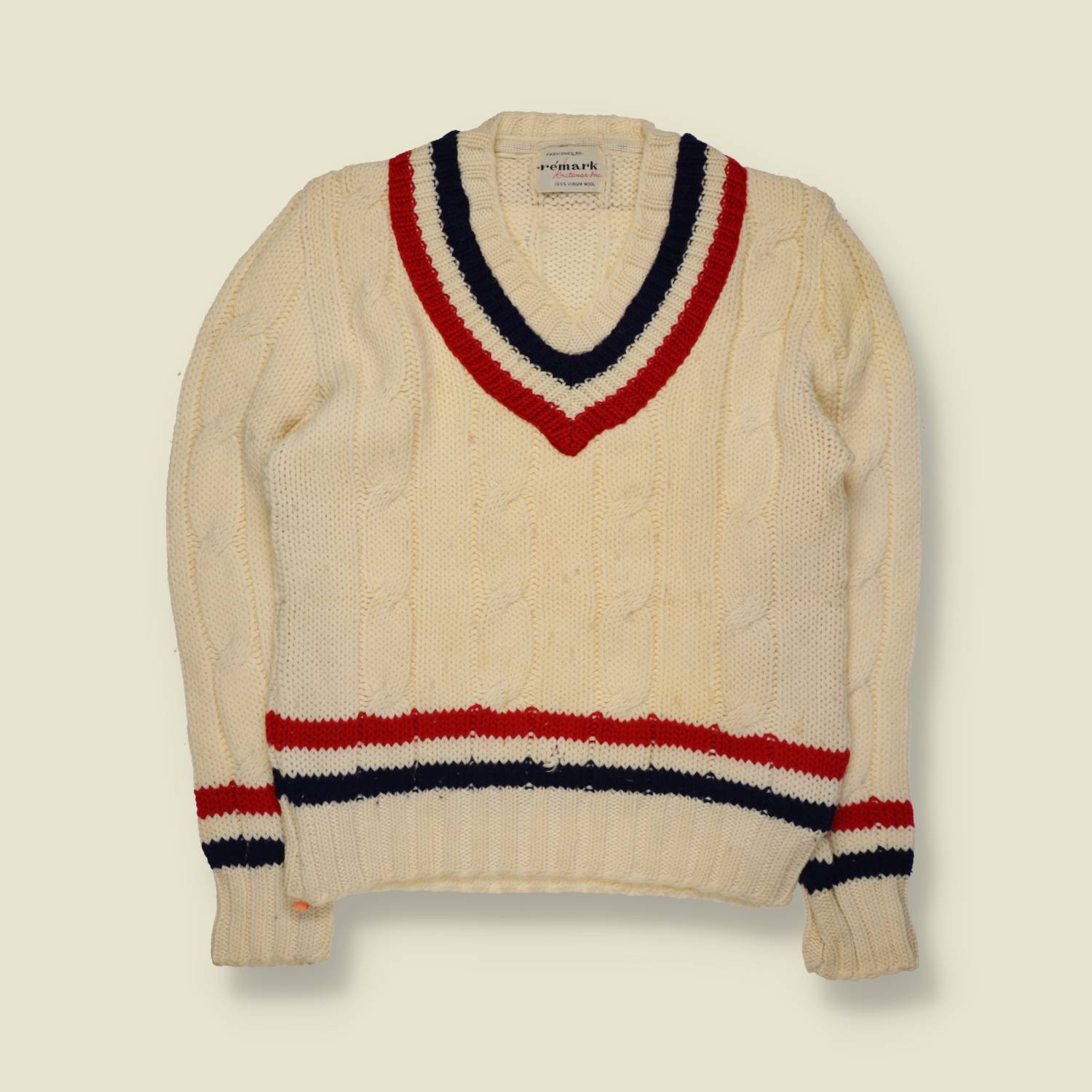 1960s | Remark | Cricket Jumper | Cream With Red And Navy Stripe Trim – XXS