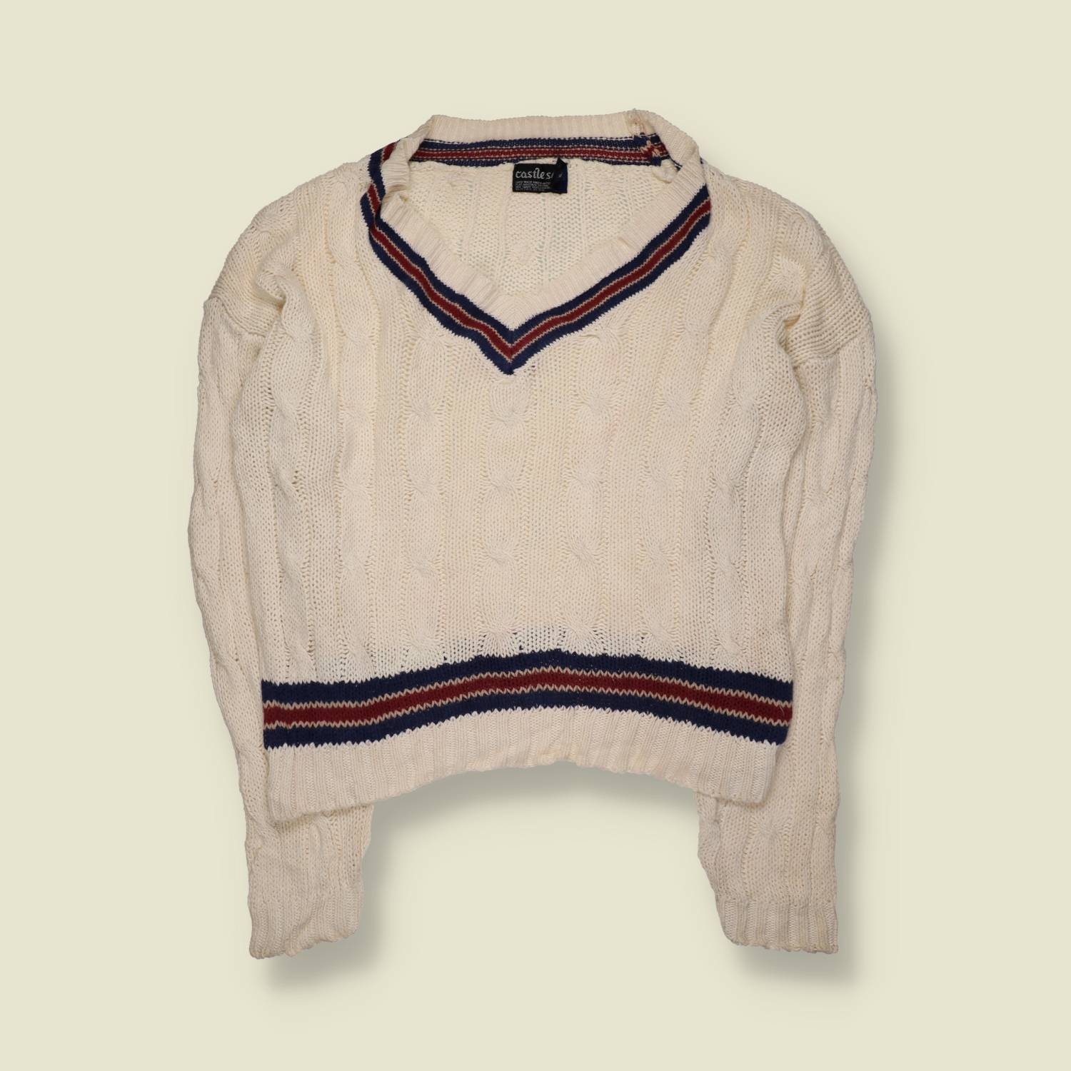 1980s | Castles | Cricket Jumper | Cream With Navy And Burgundy Stripe Trim – XXL