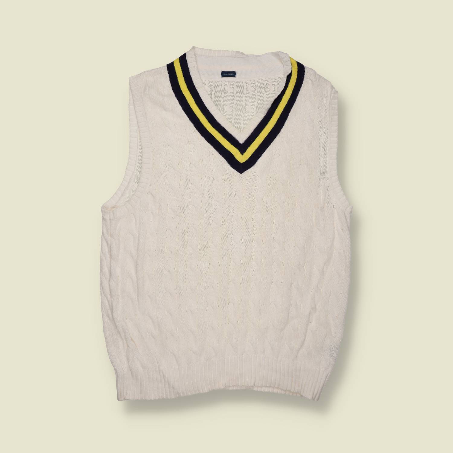 1990s | Cricket Knit Tank | Cream With Navy And Yellow Trim – M